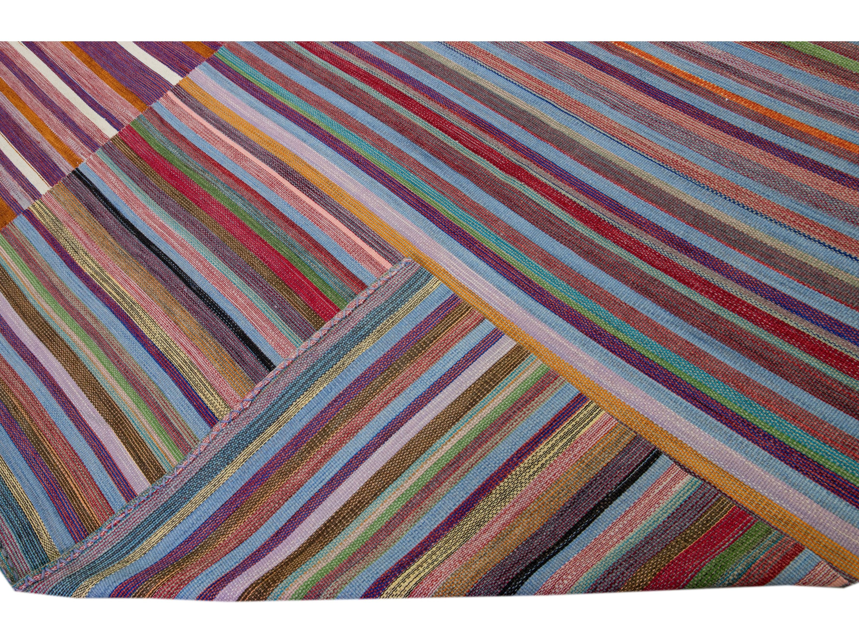 Modern Kilim Flatweave Abstract Motif Handmade Multicolor Wool Rug