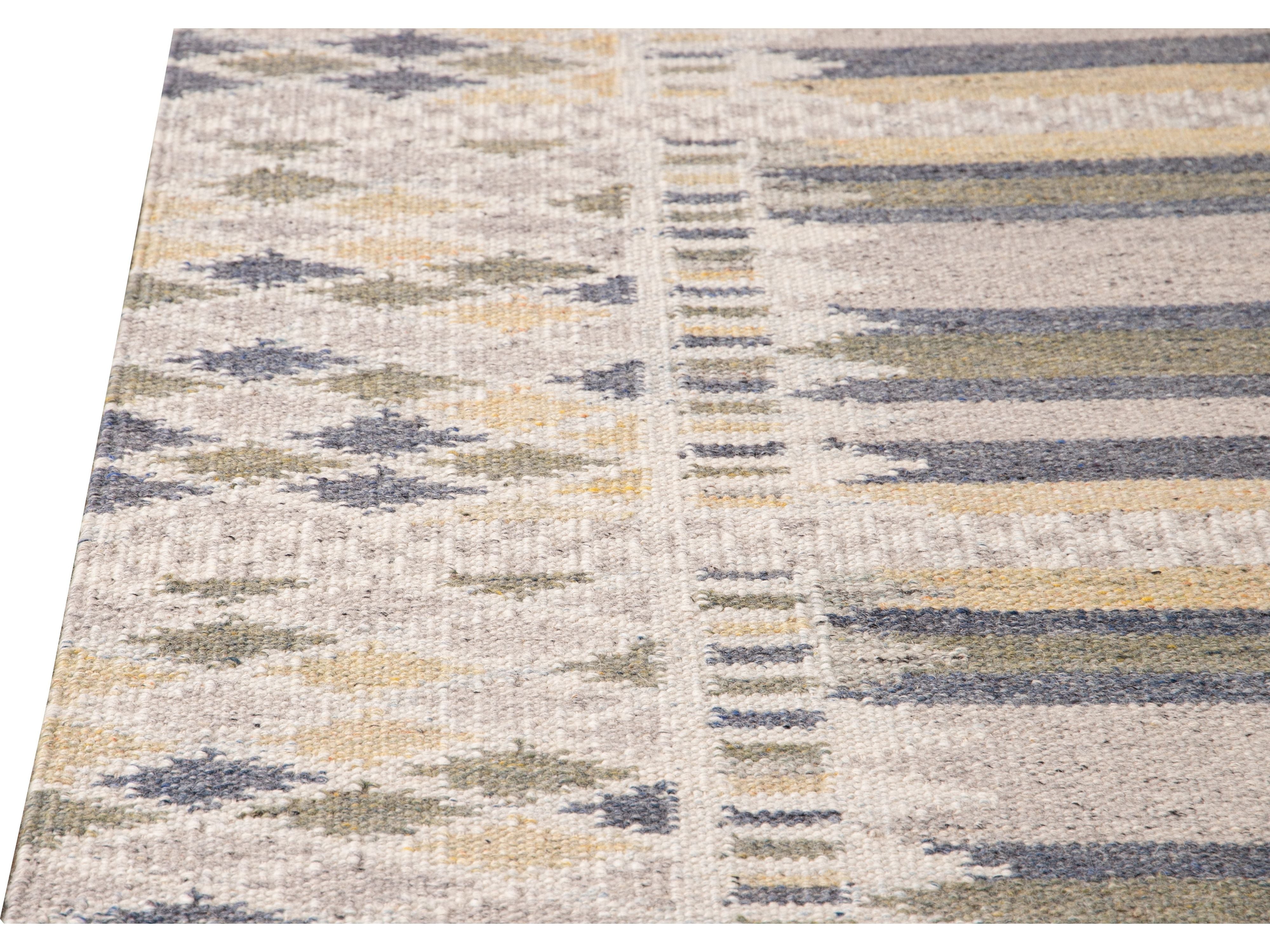 Modern Swedish Style Gray and Beige Handmade Geometric Abstract Long Wool Runner