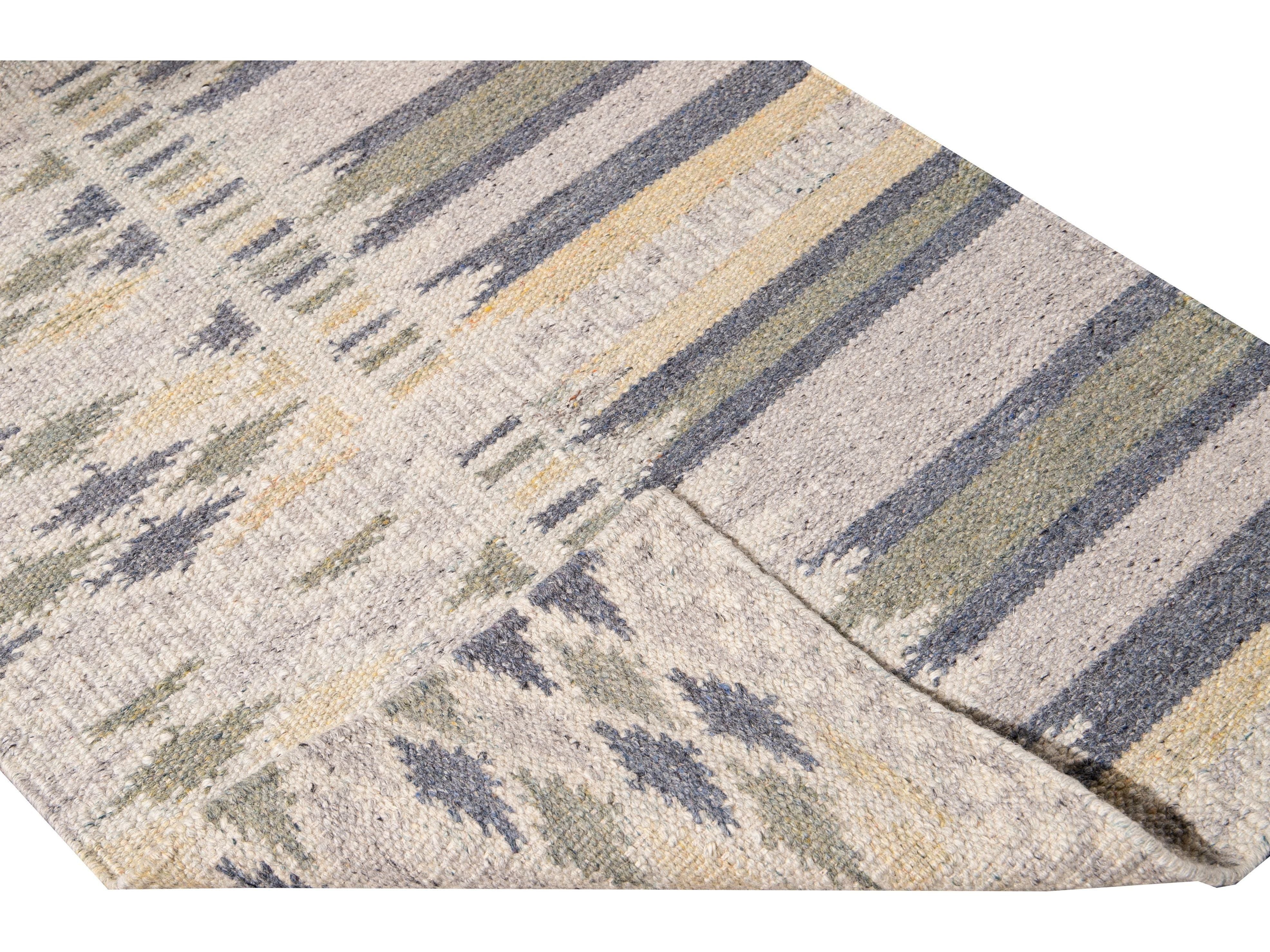 Modern Swedish Style Gray and Beige Handmade Geometric Abstract Long Wool Runner