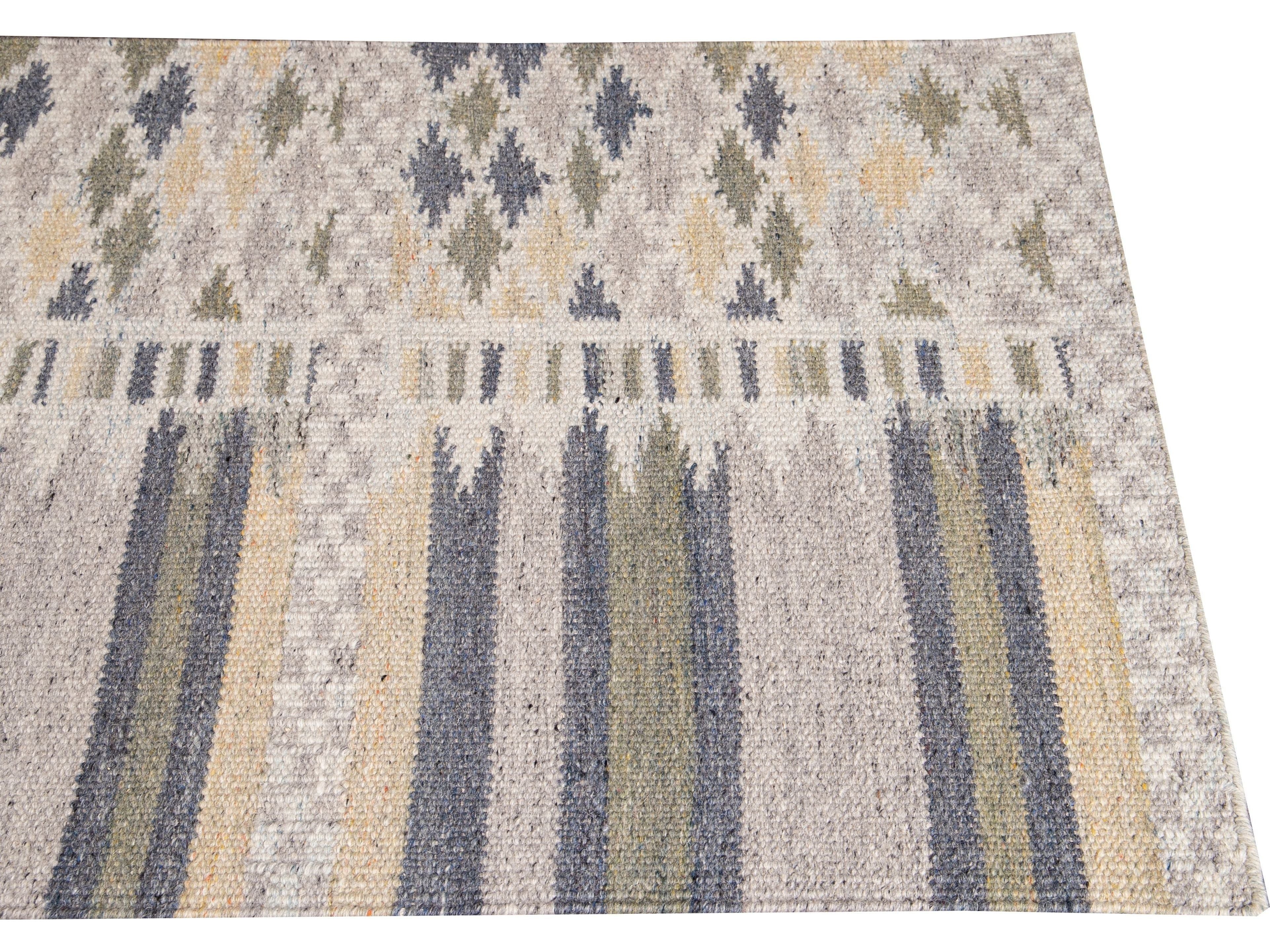 Modern Swedish Style Gray and Beige Handmade Geometric Abstract Long Wool Runner