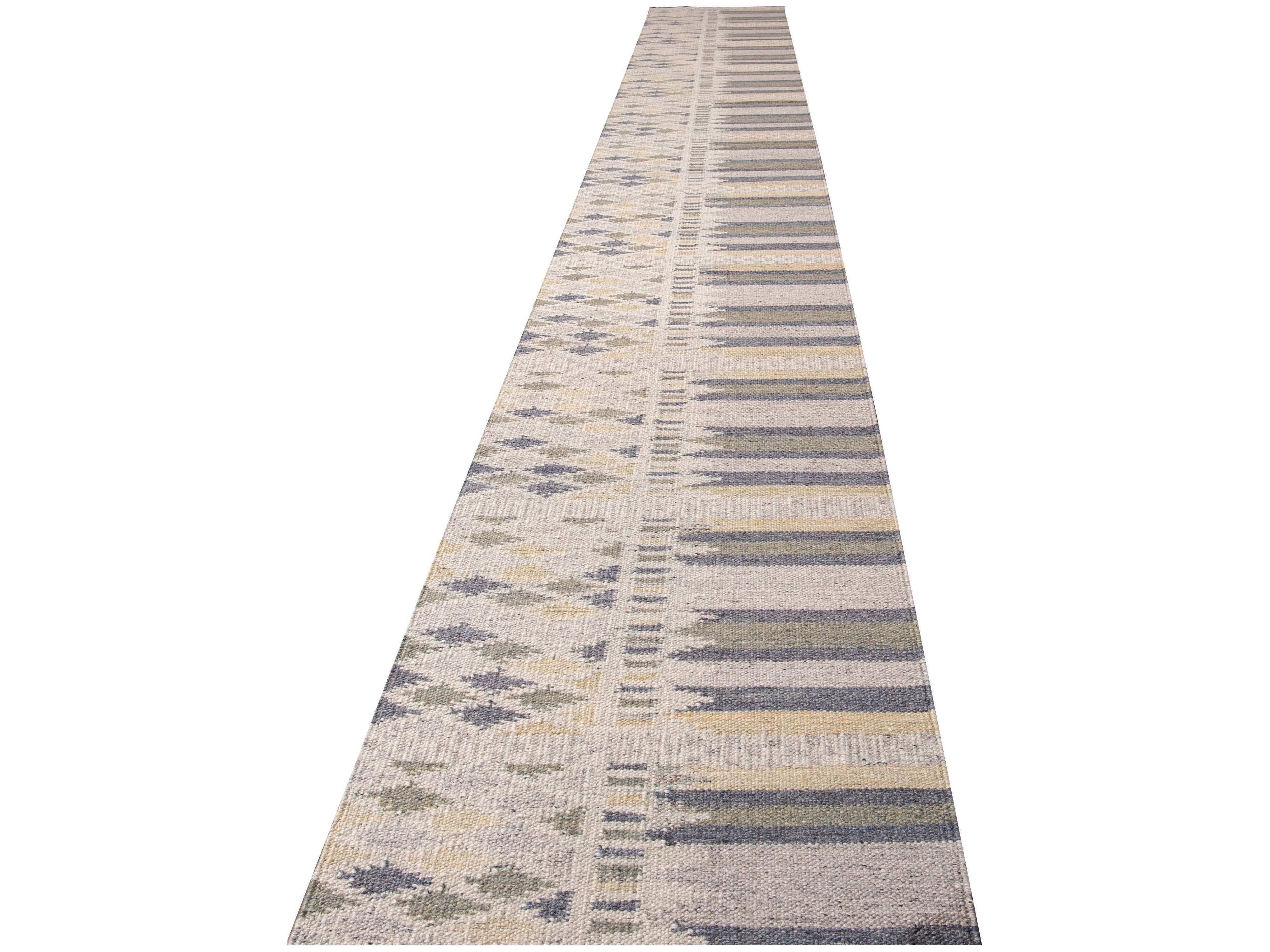 Modern Swedish Style Gray and Beige Handmade Geometric Abstract Long Wool Runner