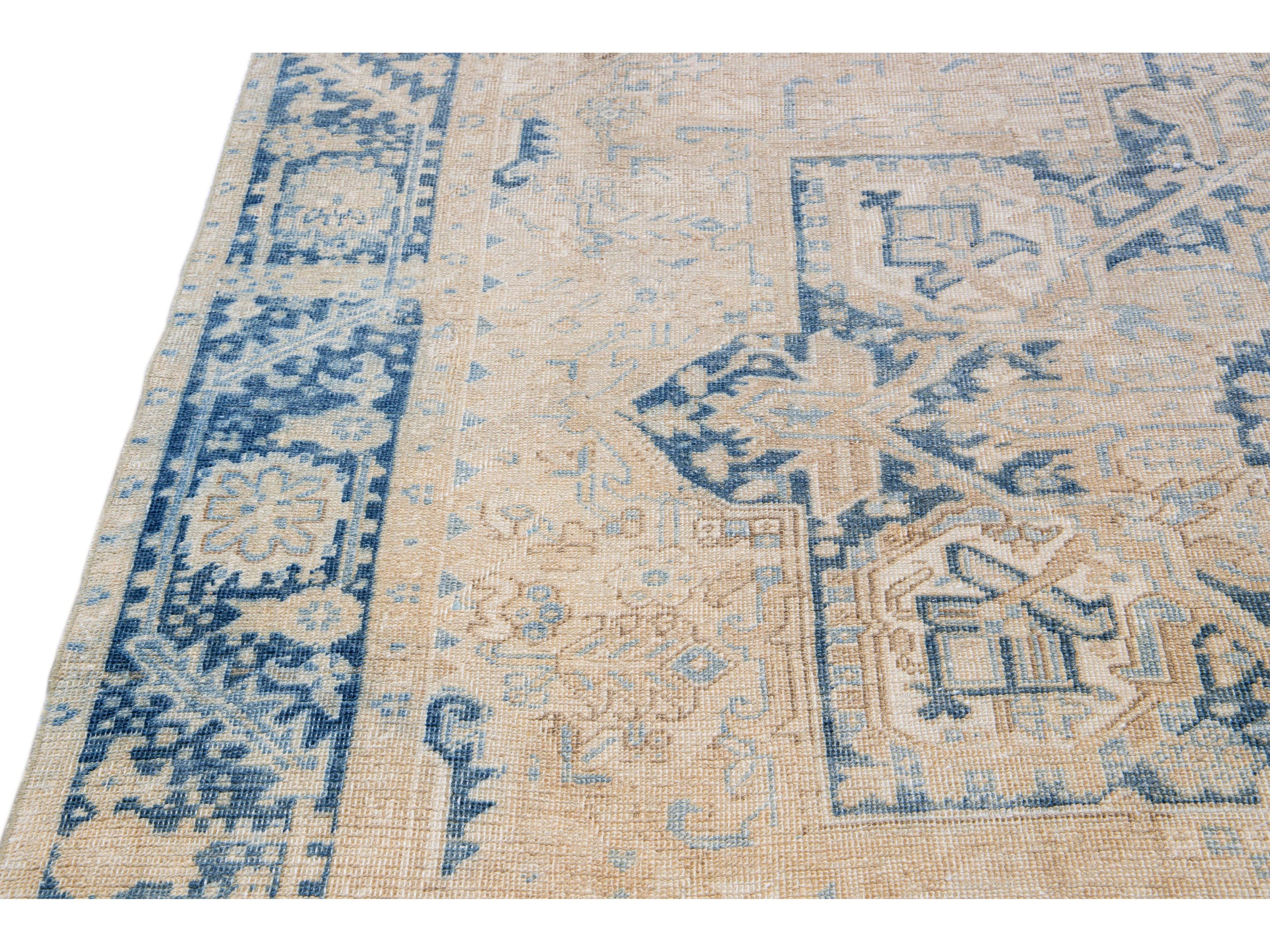 Antique Persian Heriz Handmade Medallion Beige Wool Rug
