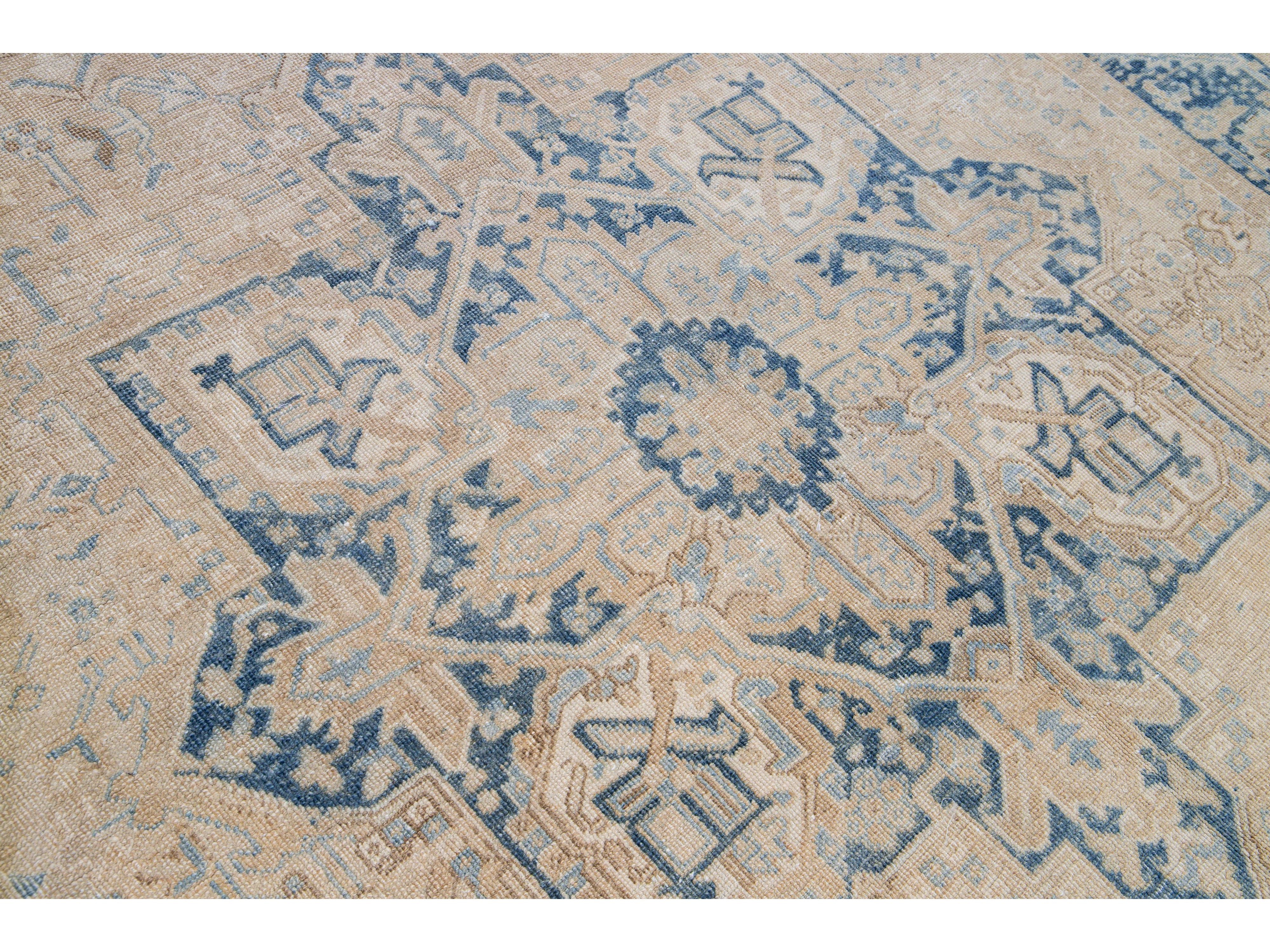 Antique Persian Heriz Handmade Medallion Beige Wool Rug