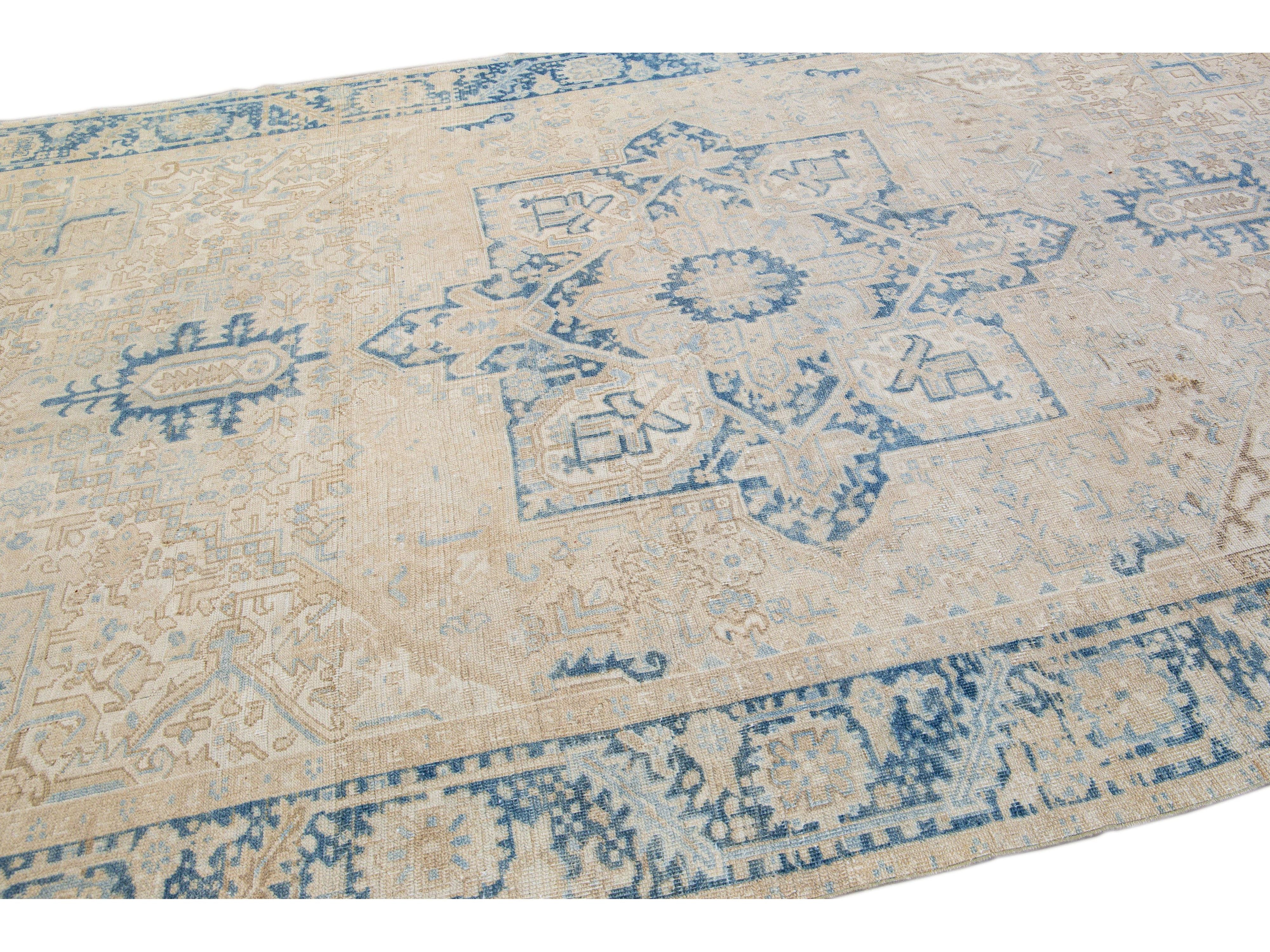 Antique Persian Heriz Handmade Medallion Beige Wool Rug