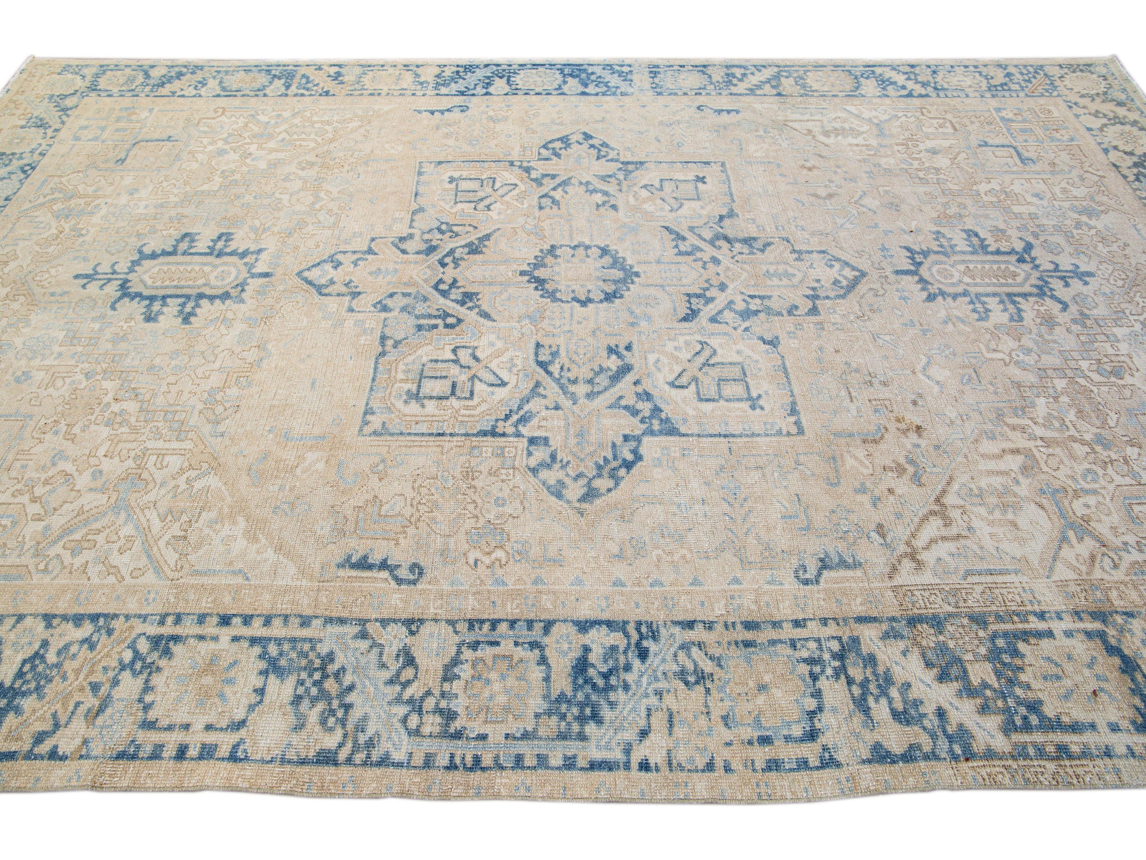 Antique Persian Heriz Handmade Medallion Beige Wool Rug
