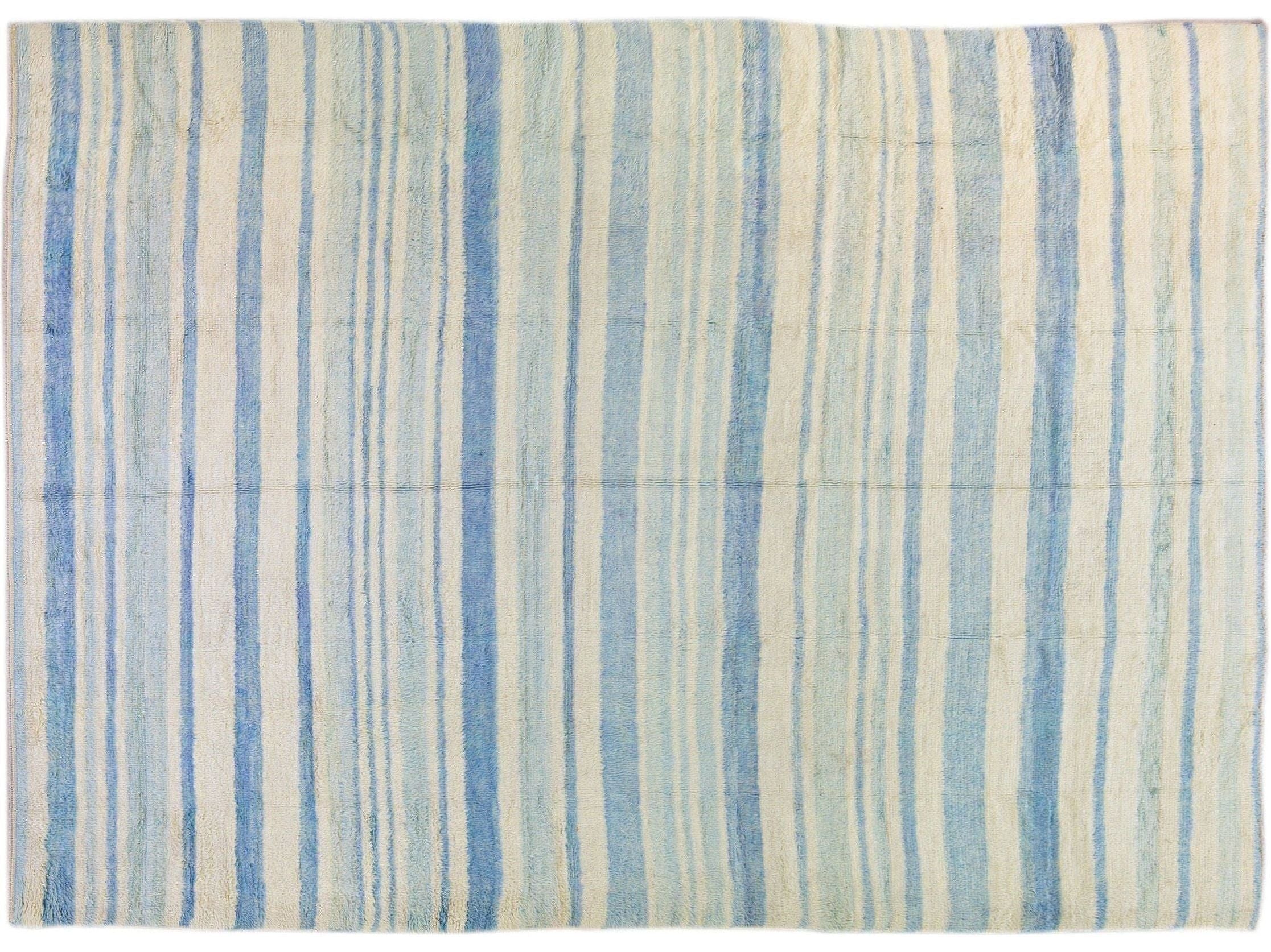 Modern Moroccan Style Handmade Stripe Pattern Ivory And Blue Wool Rug