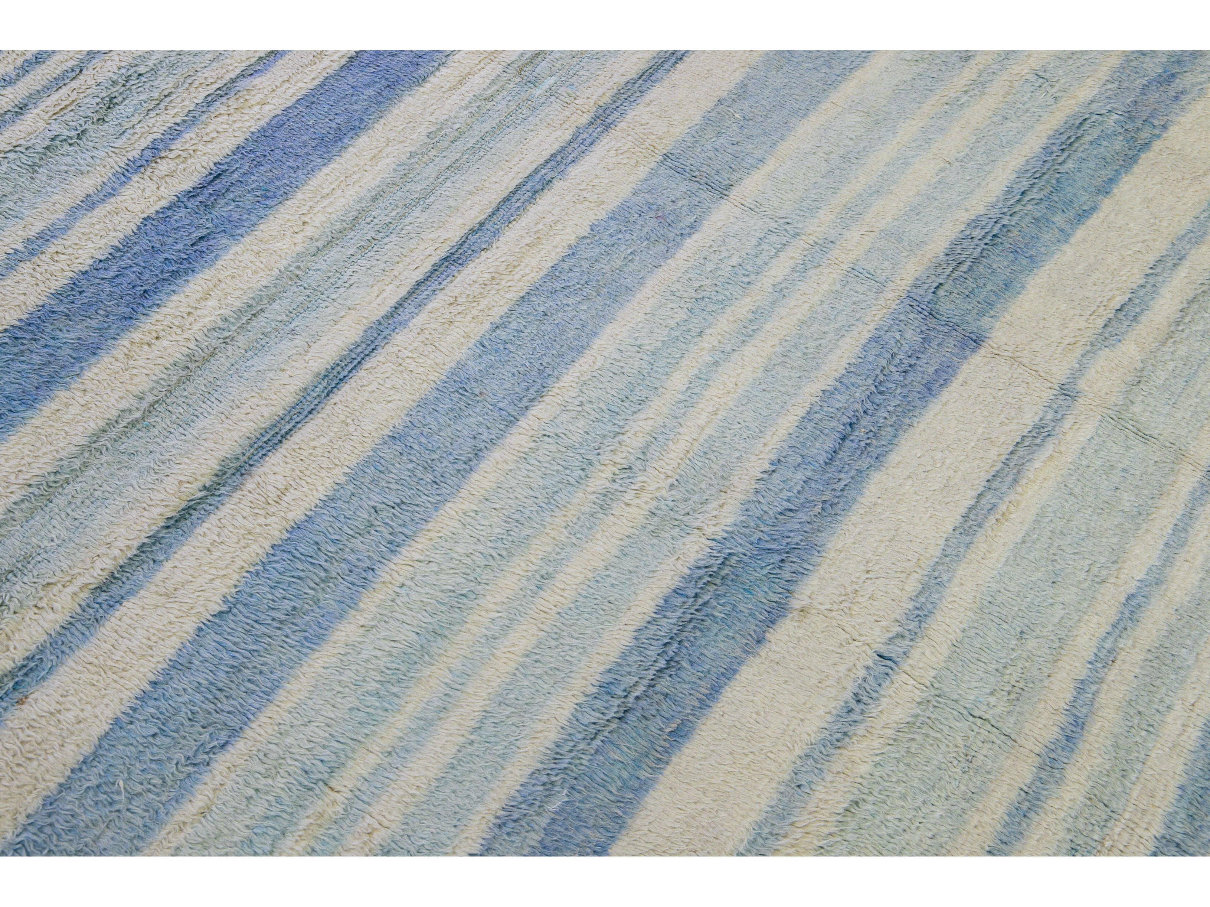 Modern Moroccan Style Handmade Stripe Pattern Ivory And Blue Wool Rug