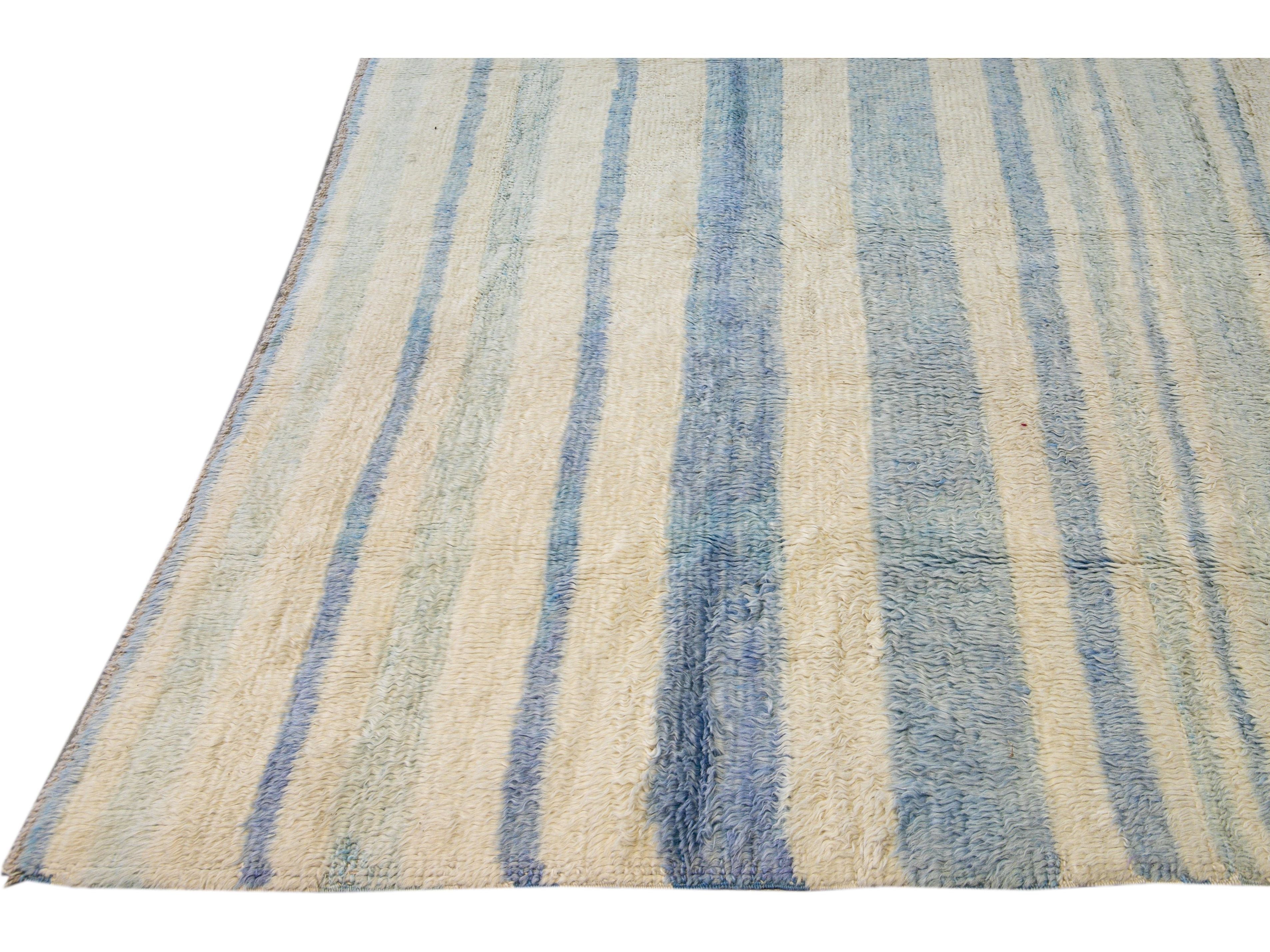 Modern Moroccan Style Handmade Stripe Pattern Ivory And Blue Wool Rug
