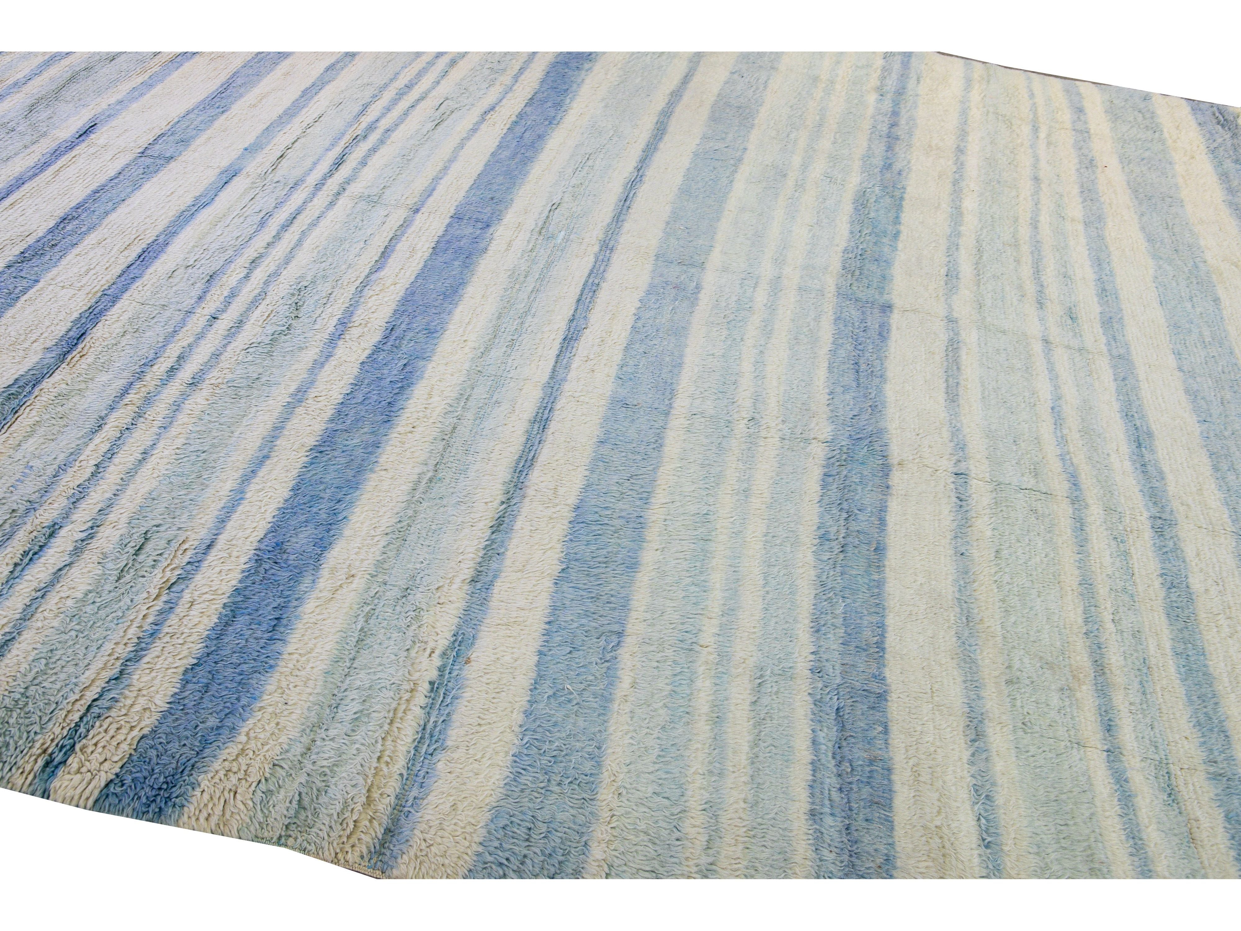 Modern Moroccan Style Handmade Stripe Pattern Ivory And Blue Wool Rug