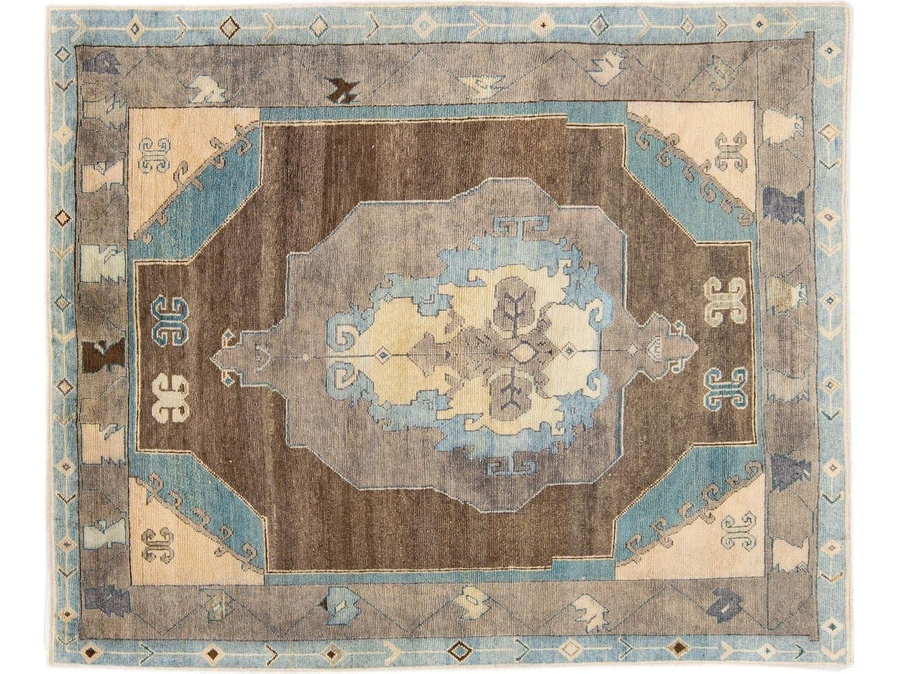 Brown Modern Oushak Handmade Medallion Floral Motif Wool Rug