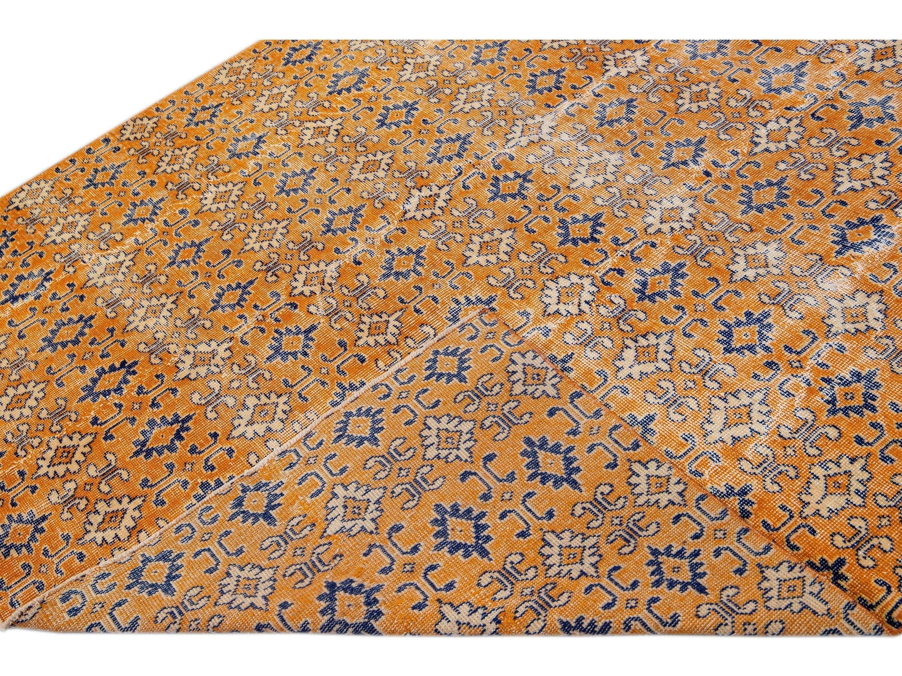 Vintage Turkish Deco Handmade Geometric Floral Pattern Orange Wool Rug