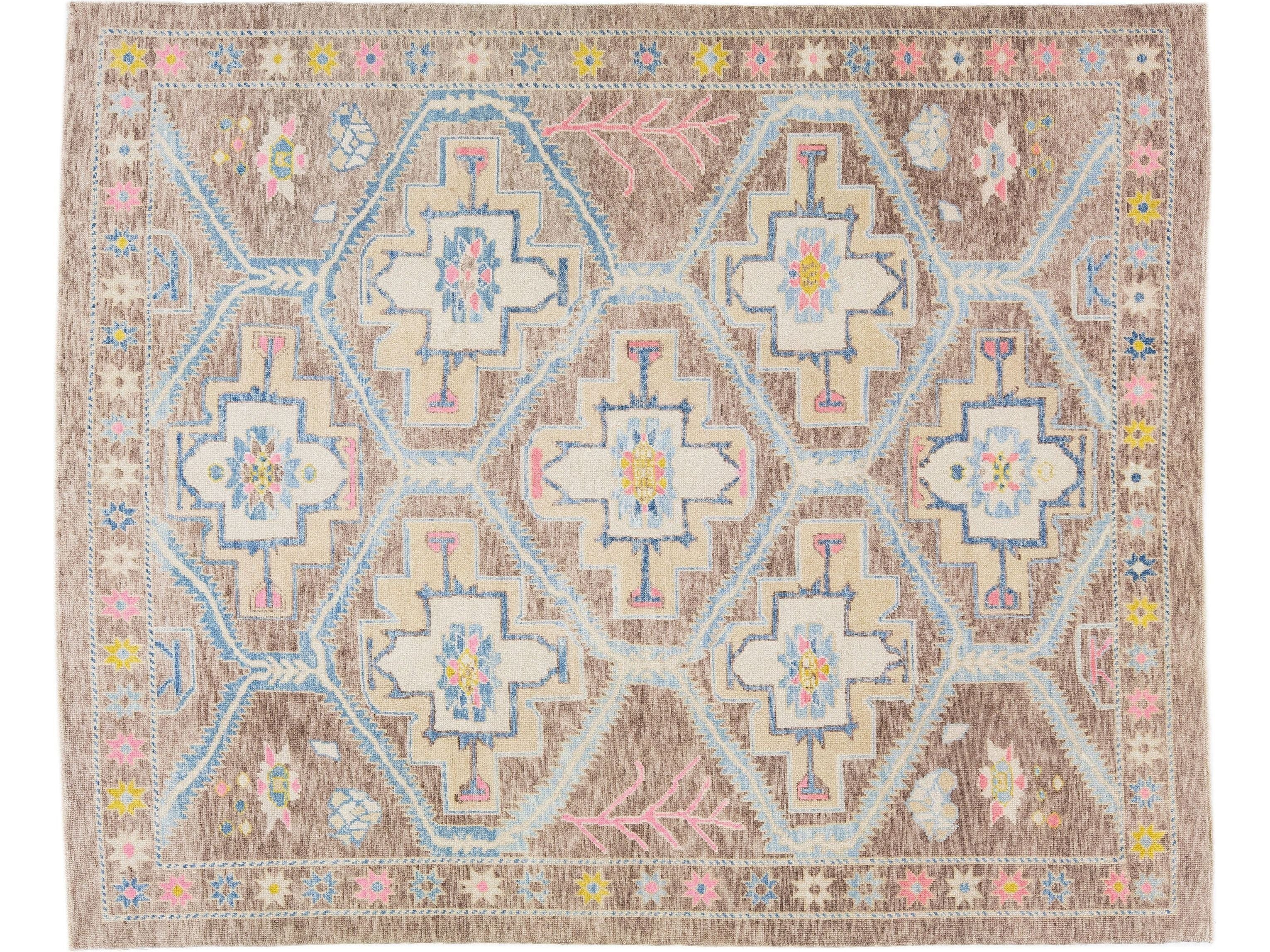 Brown Modern Turkish Handmade Wool Rug with Multicolor Geometric Motif