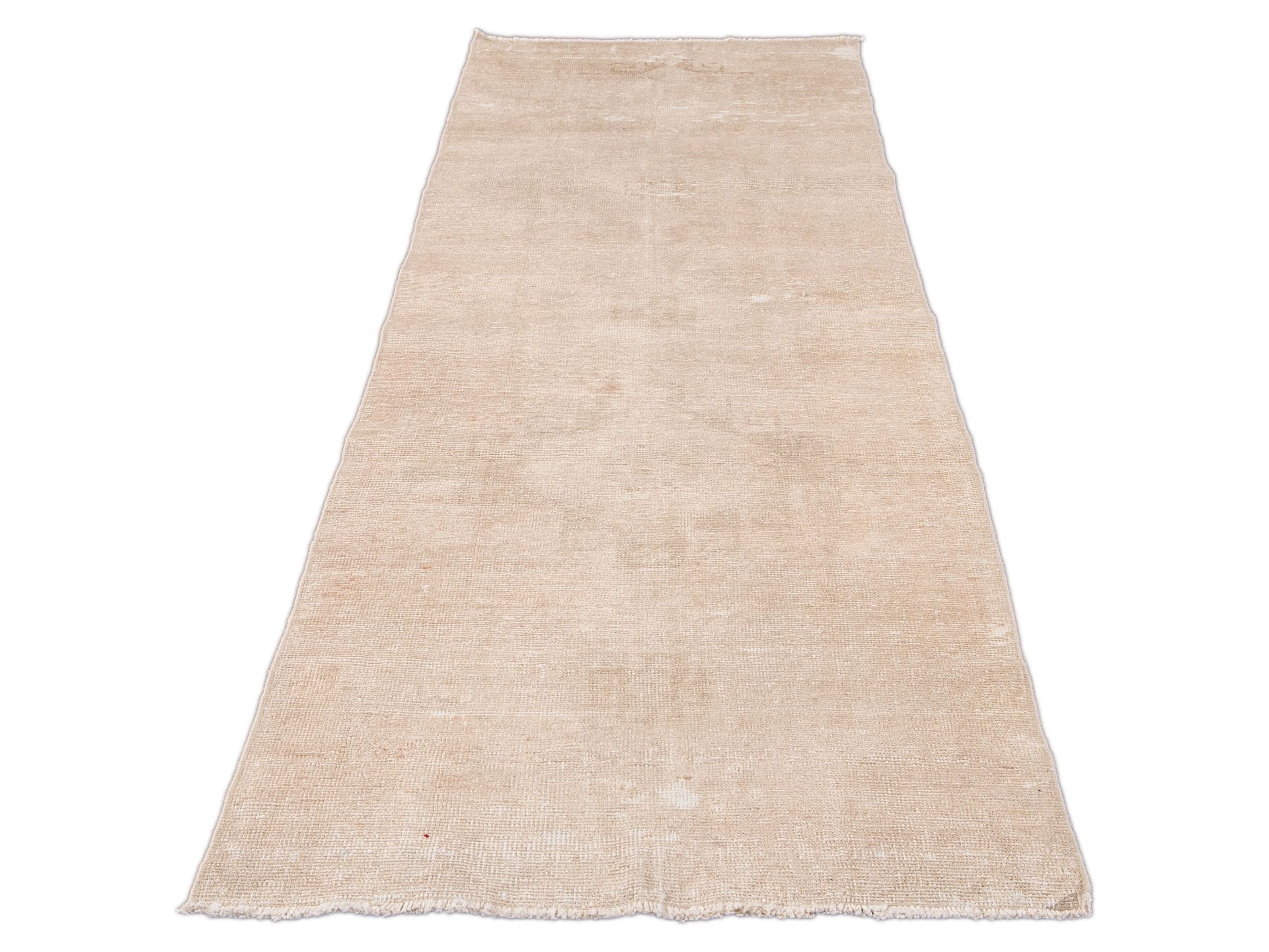 Vintage Shabby Chic Turkish Handmade Beige Wool Runner