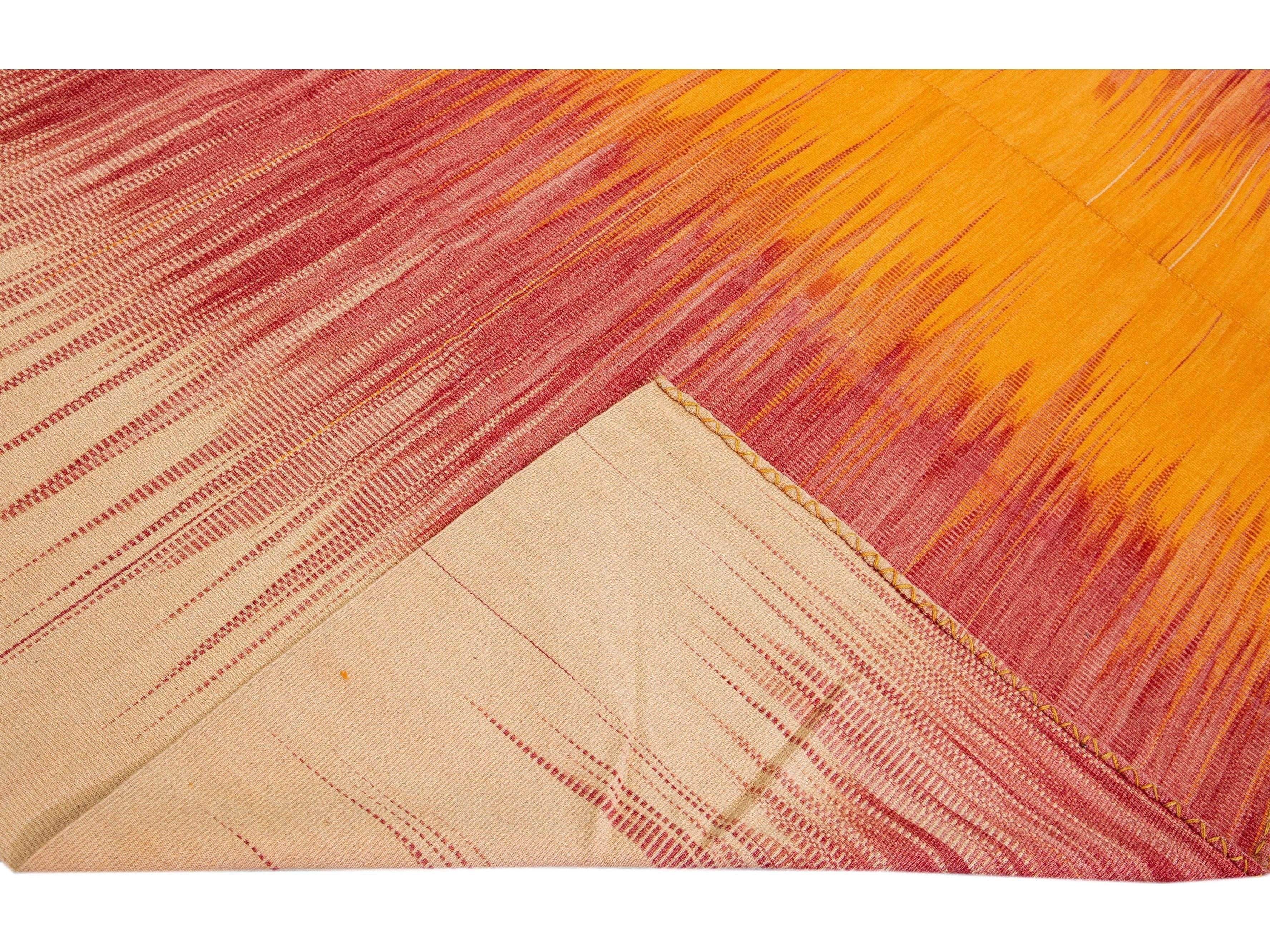 Orange Modern Kilim Flatweave Abstract Handmade Oversize Wool Rug