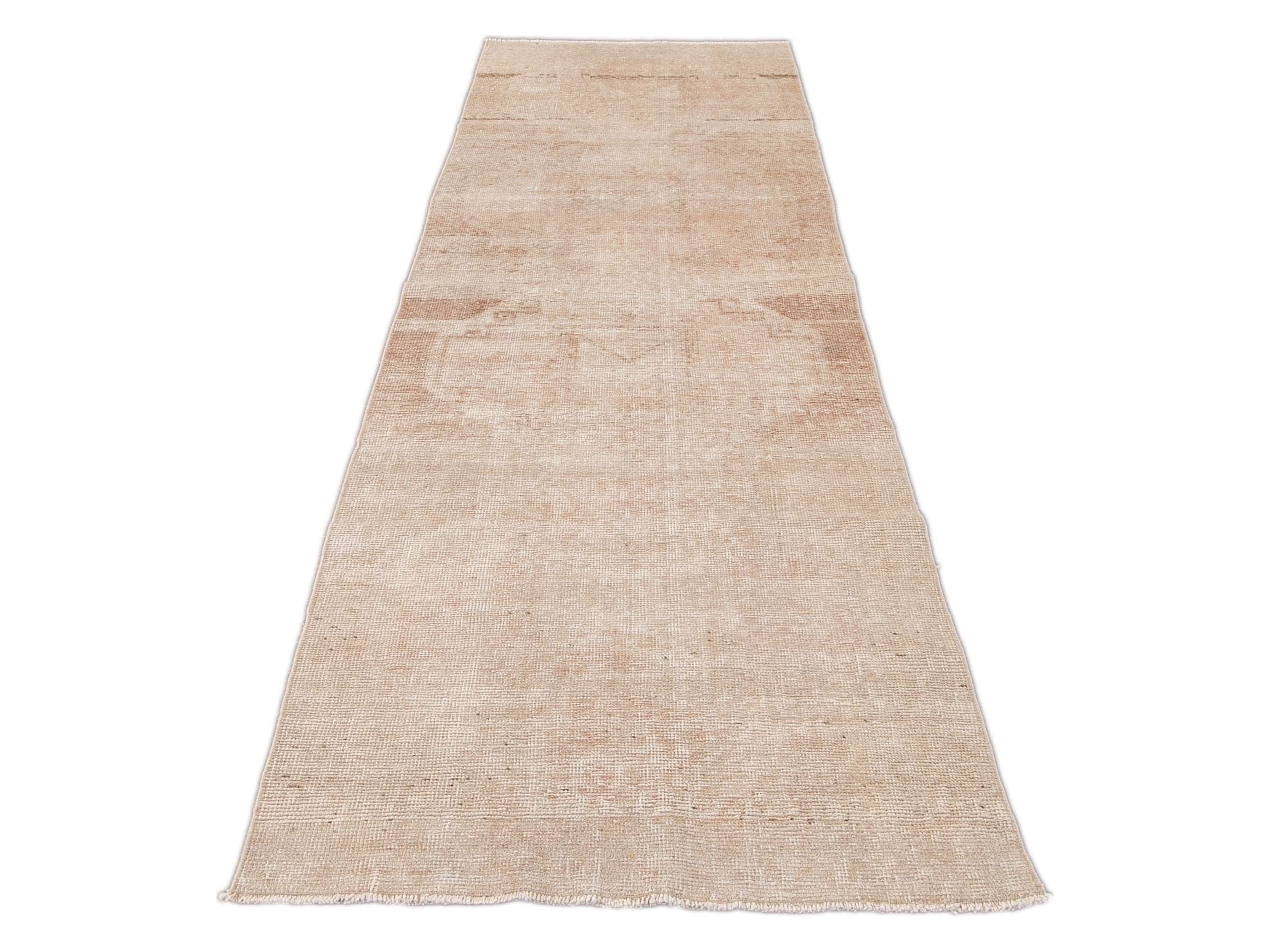 Vintage Beige Turkish Handmade Tribal Wool Runner
