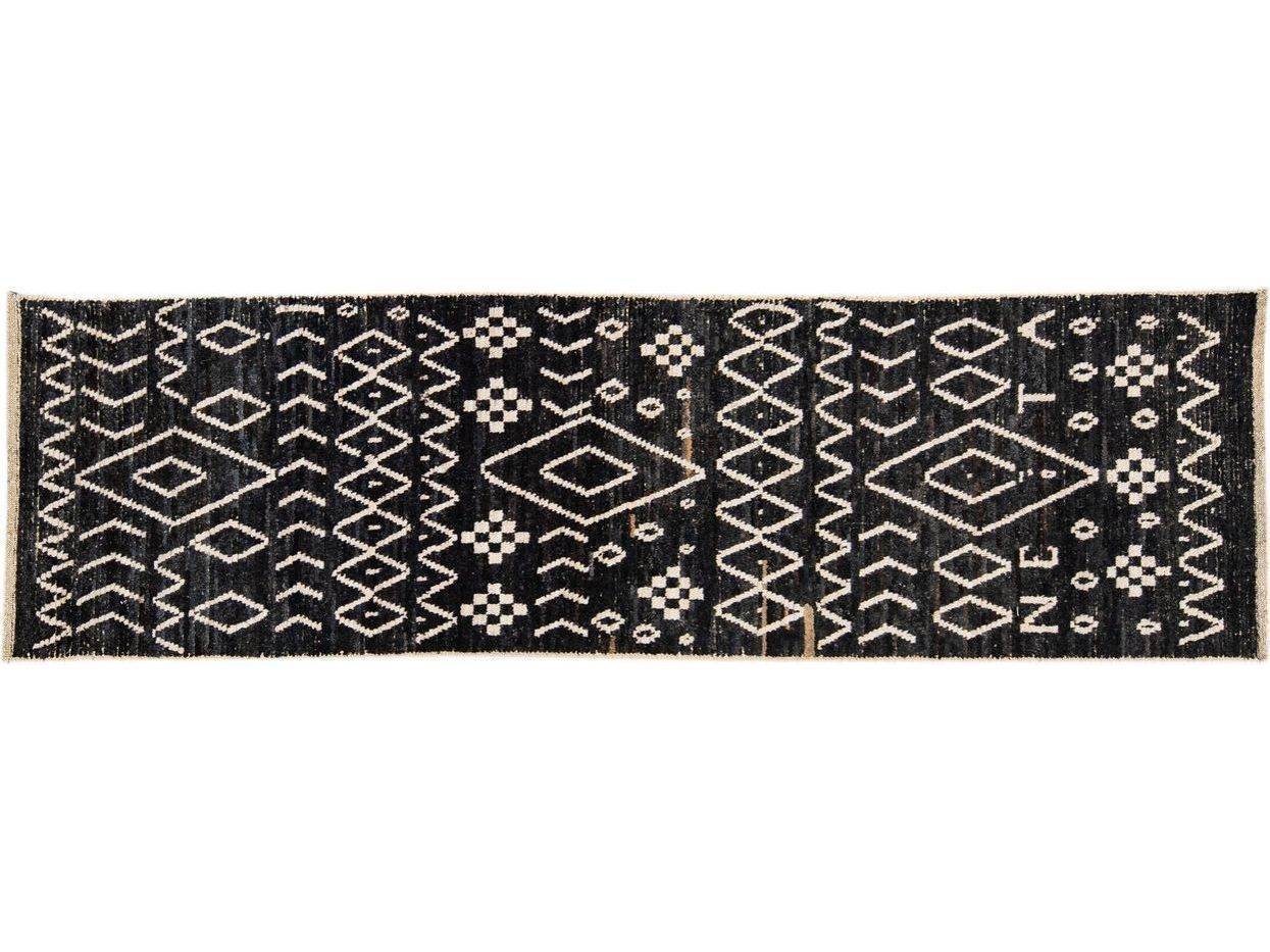 Modern Moroccan Style Handmade Geometric Brown Wool Runner