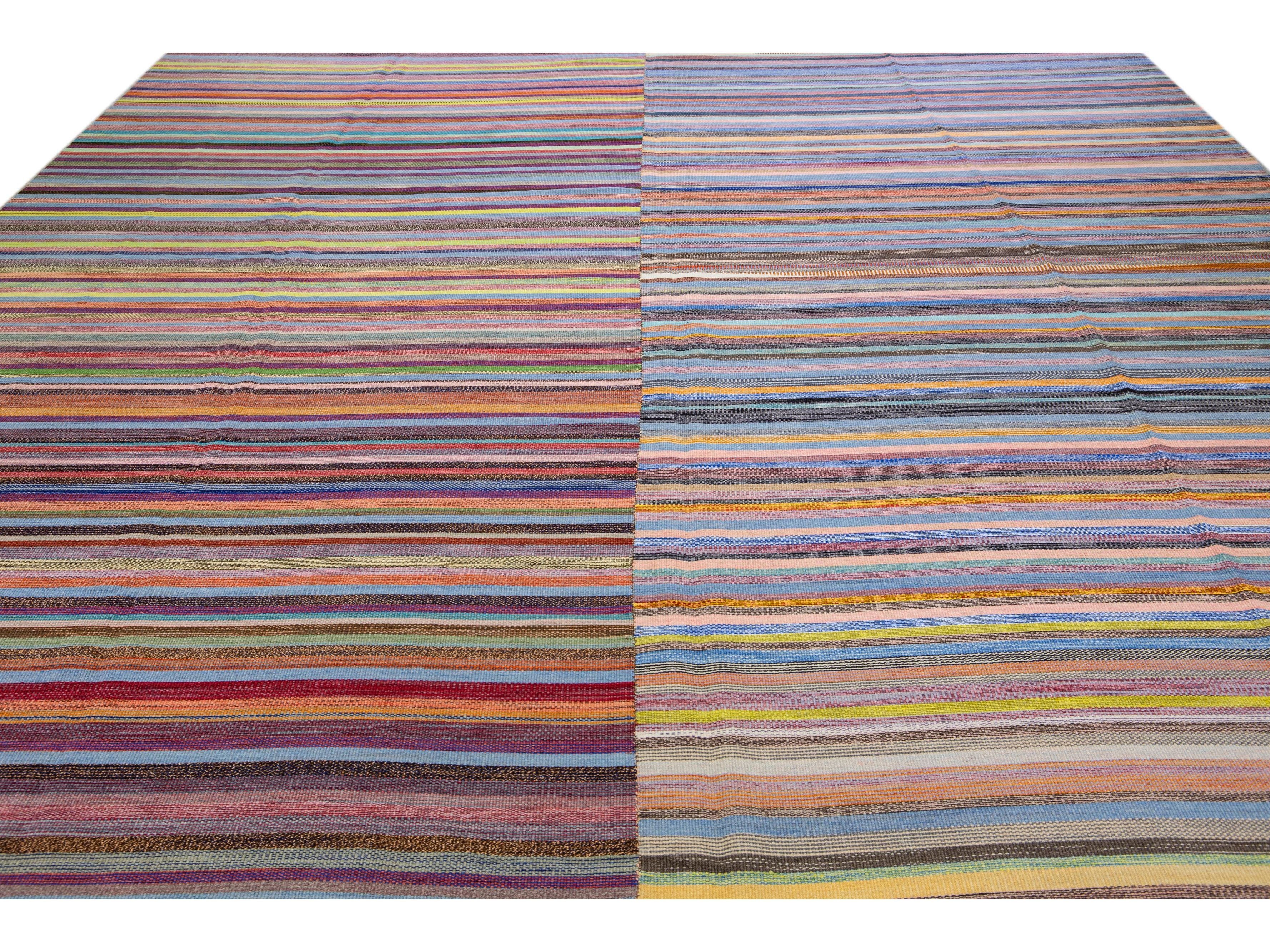 Modern Striped Kilim Flatweave Multicolor Handmade Wool Rug