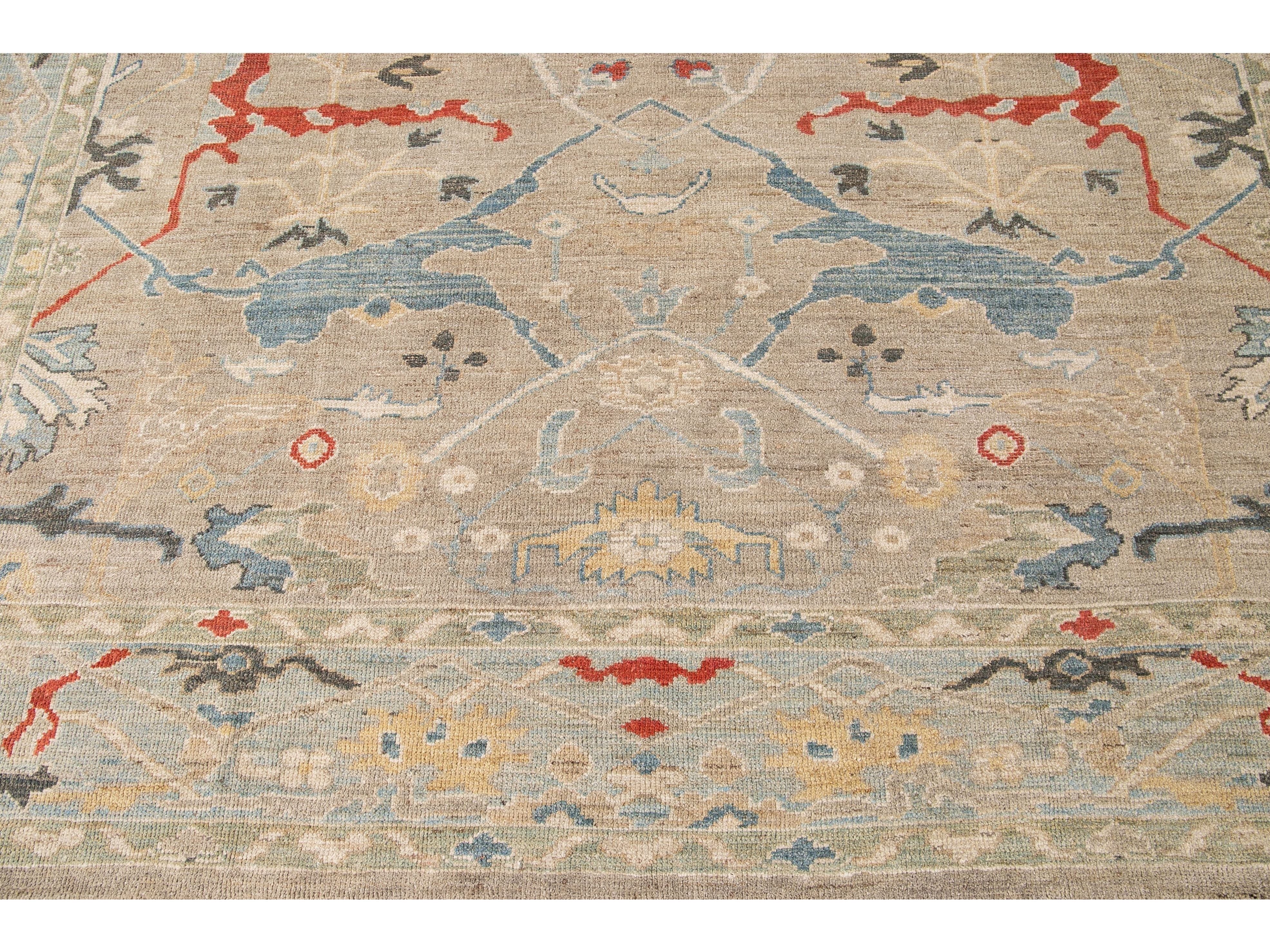 Modern Sultanabad Beige Handmade Square Medallion Designed Wool Rug