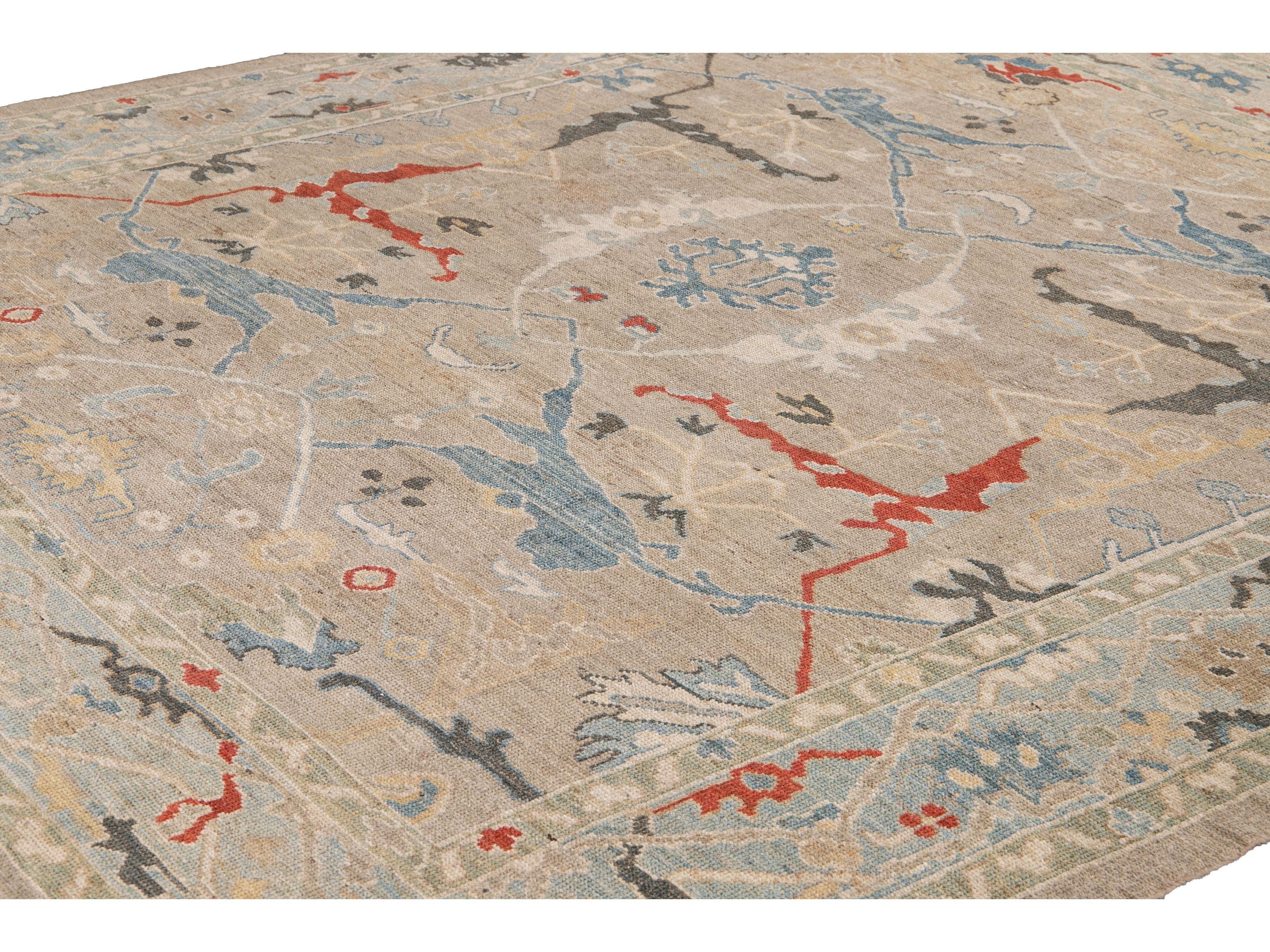Modern Sultanabad Beige Handmade Square Medallion Designed Wool Rug