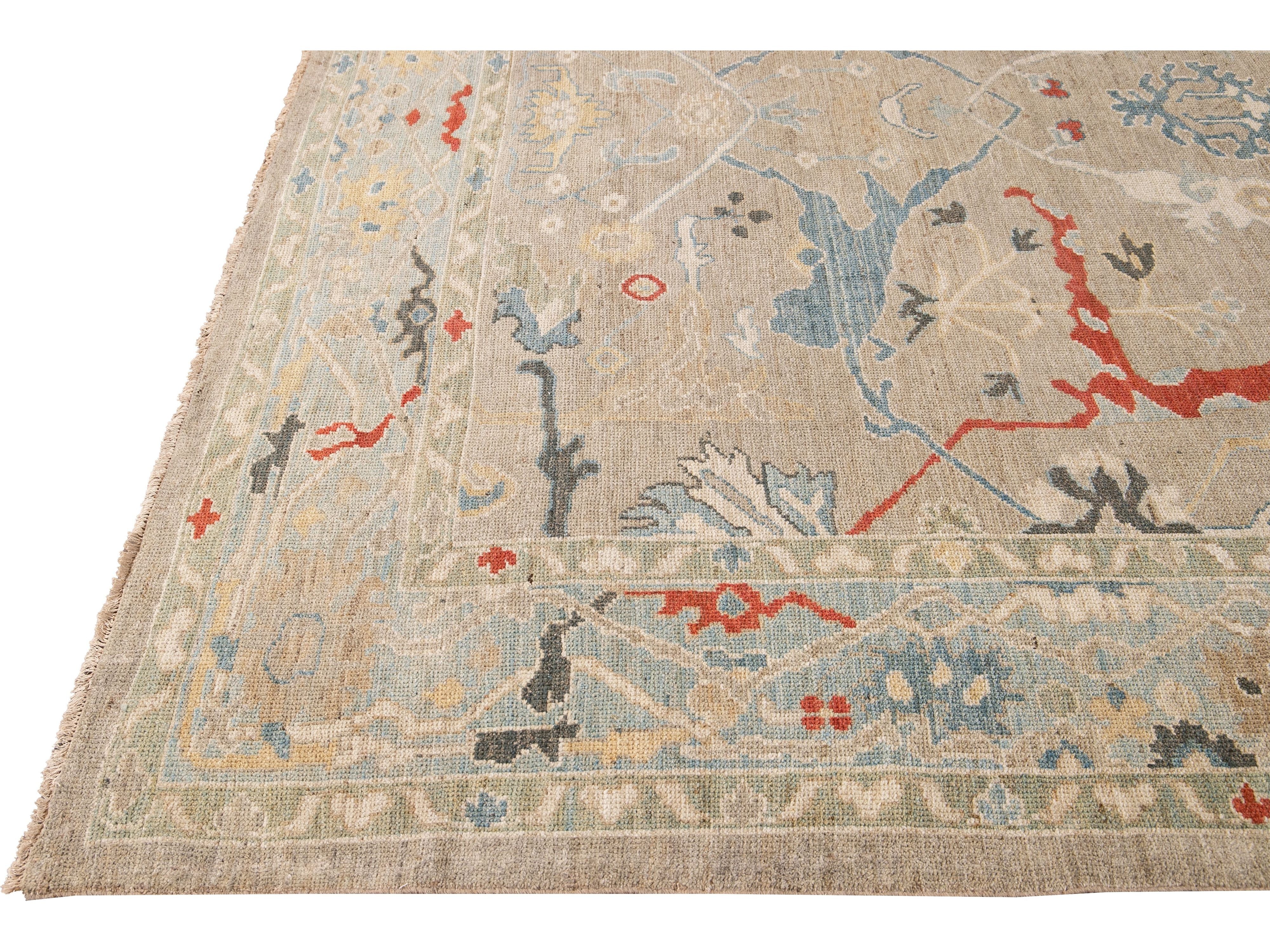 Modern Sultanabad Beige Handmade Square Medallion Designed Wool Rug