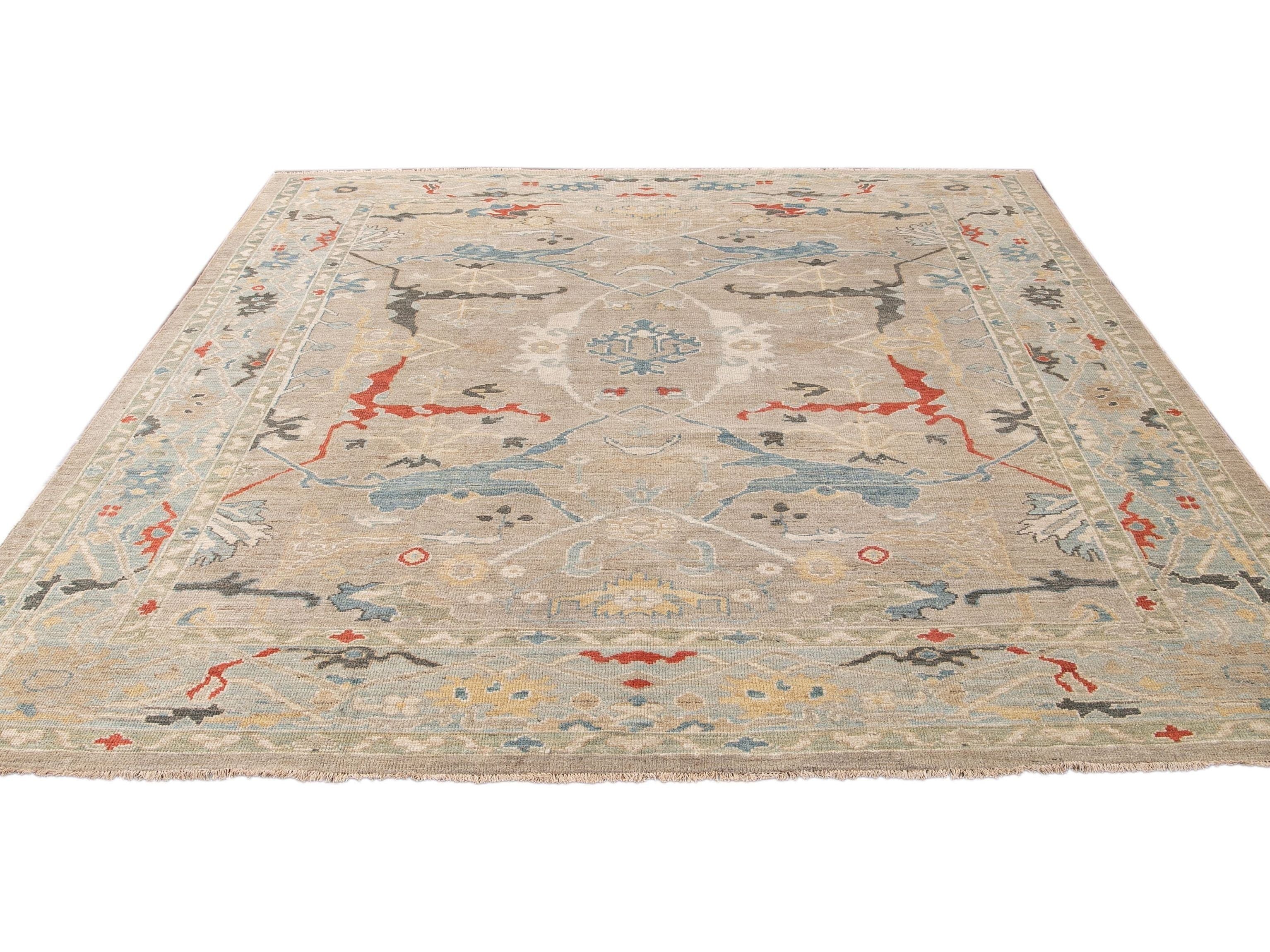 Modern Sultanabad Beige Handmade Square Medallion Designed Wool Rug