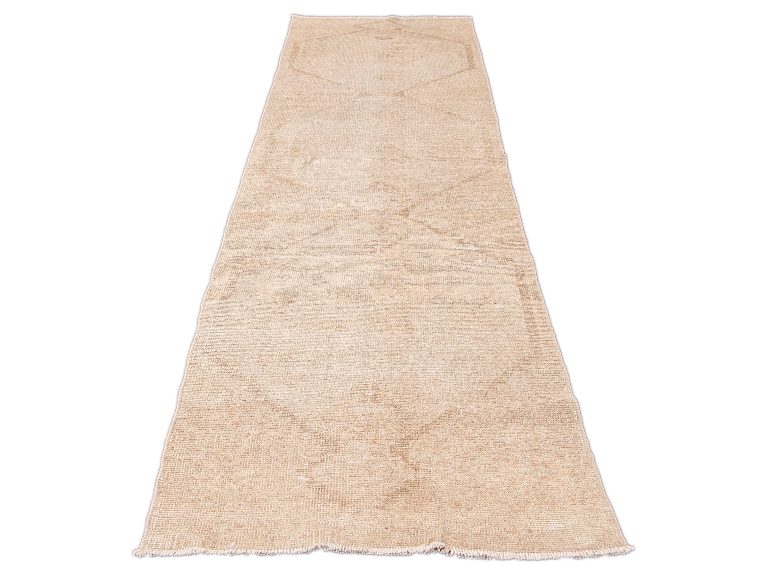 Vintage Beige Turkish Handmade Tribal Wool Runner