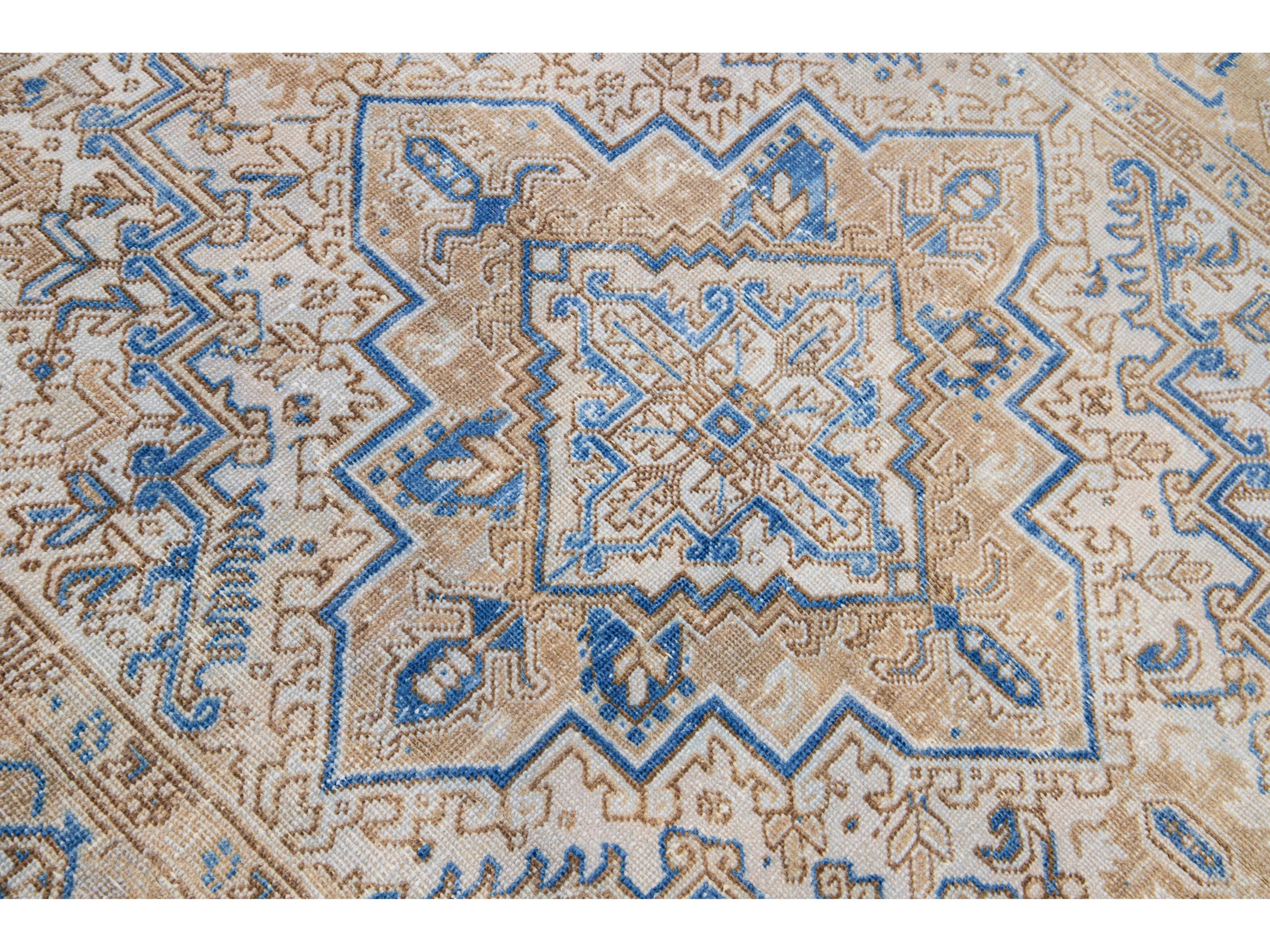 Antique Persian Heriz Beige and Blue Handmade Medallion Designed Wool Rug