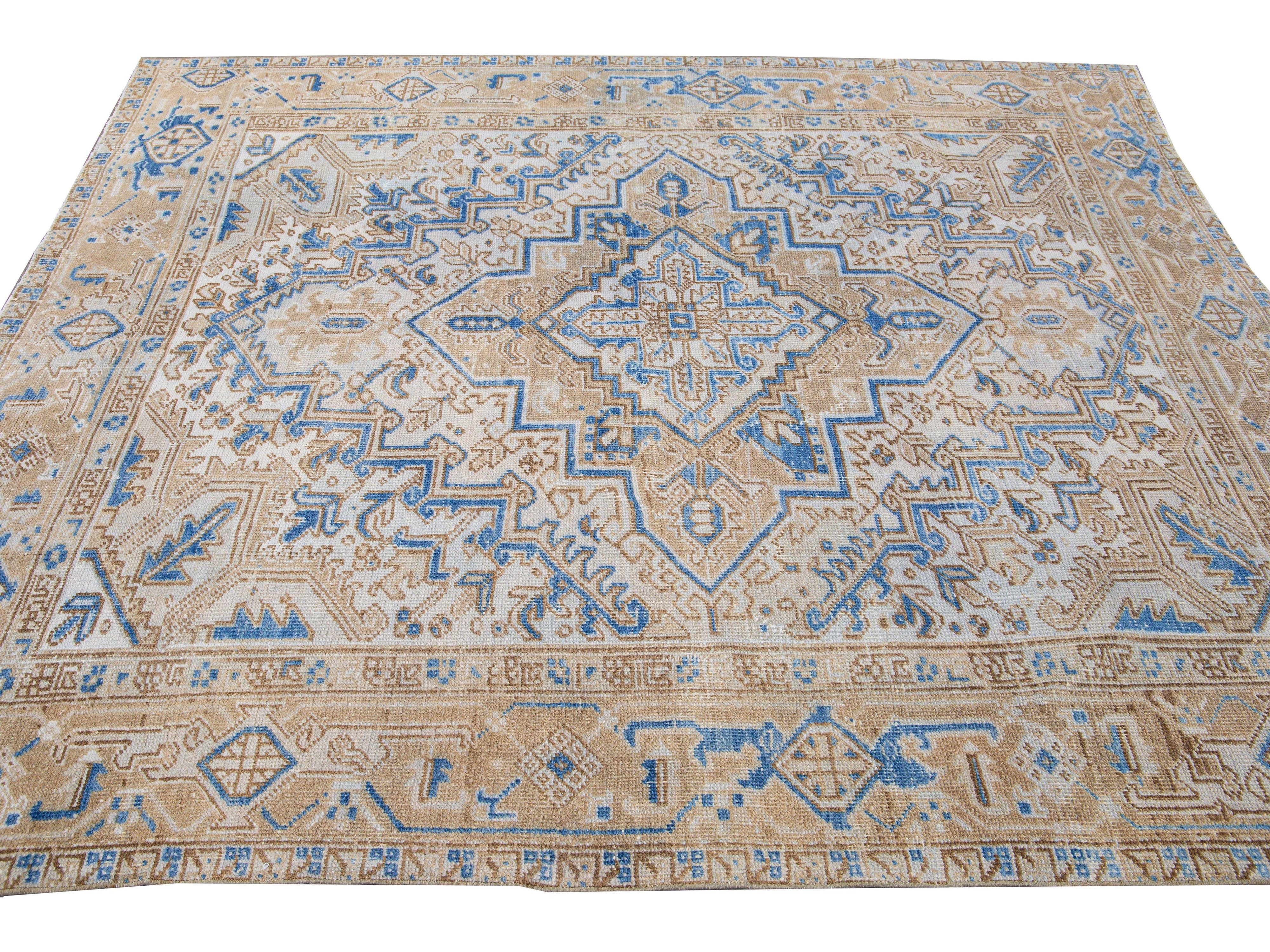 Antique Persian Heriz Beige and Blue Handmade Medallion Designed Wool Rug