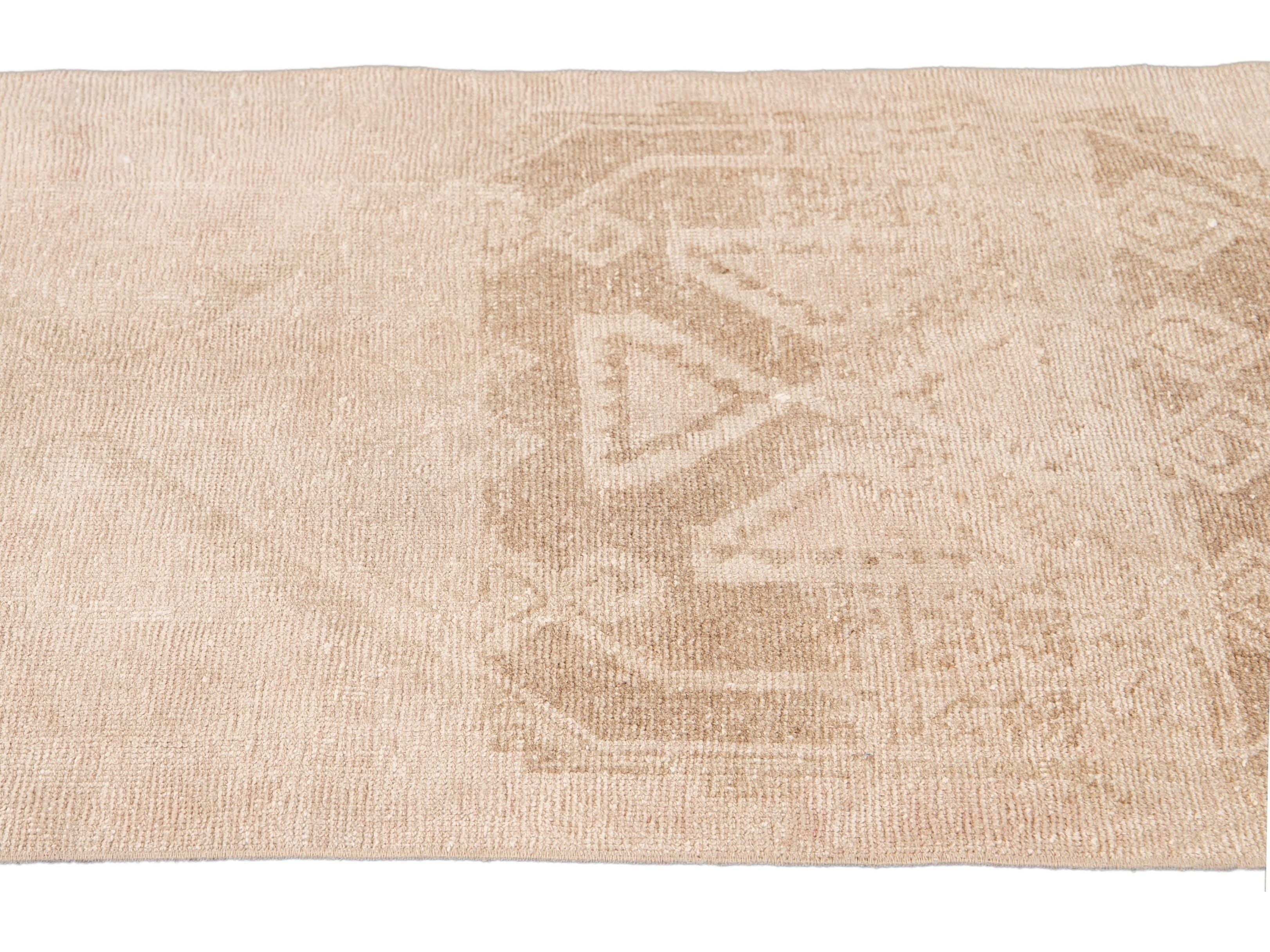 Vintage Turkish Handmade Beige Tribal Wool Runner