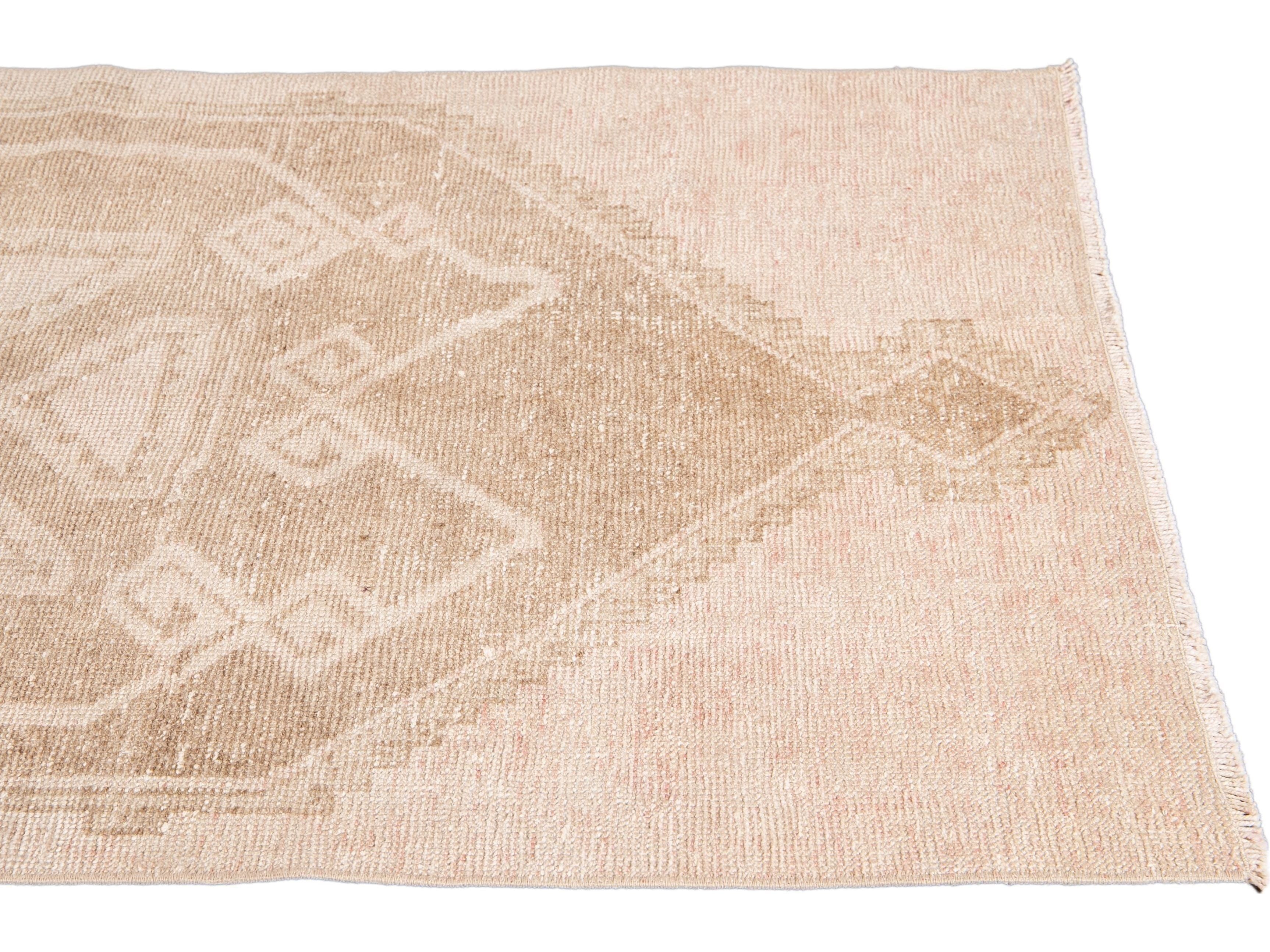 Vintage Turkish Handmade Beige Tribal Wool Runner