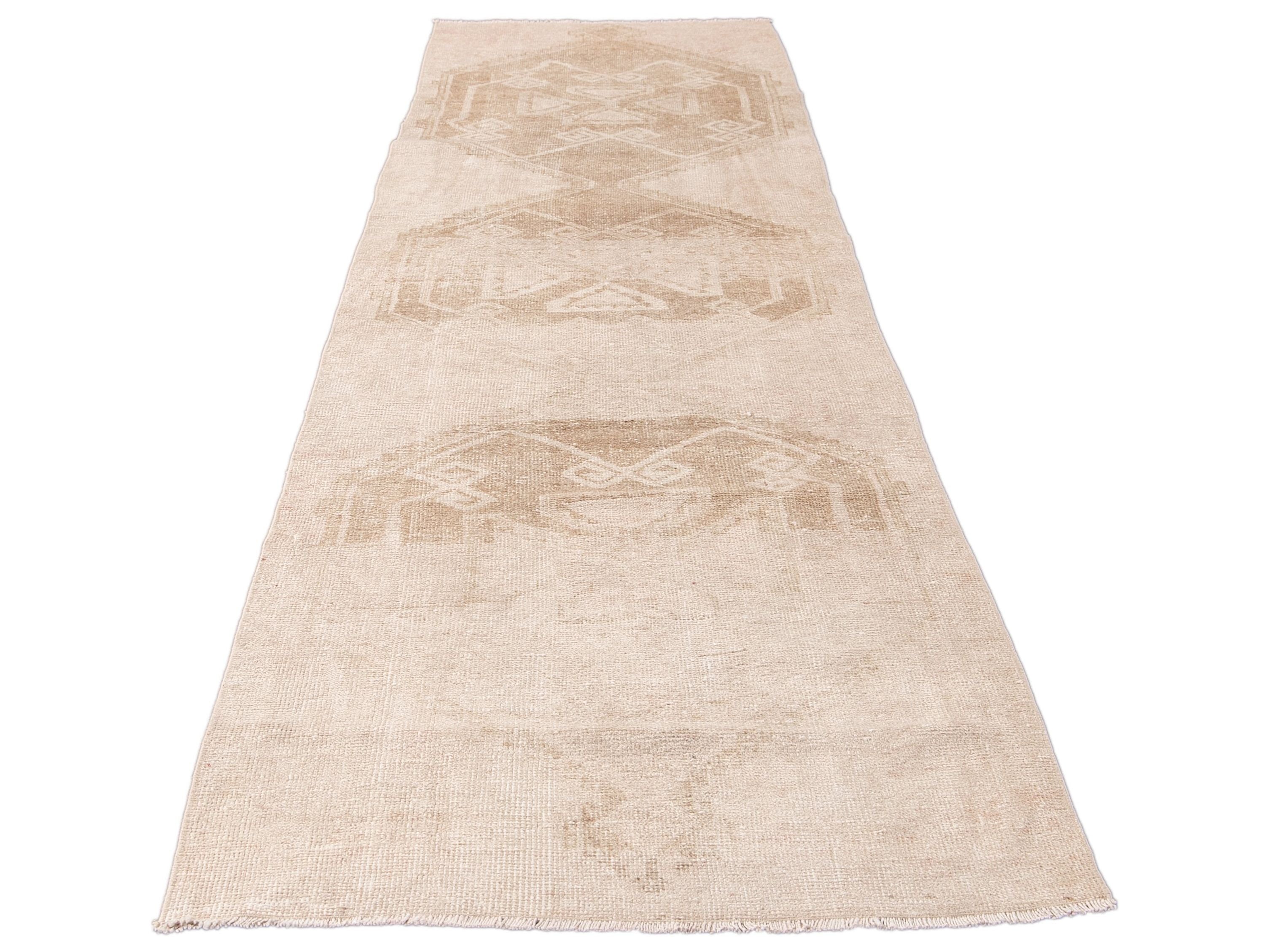Vintage Turkish Handmade Beige Tribal Wool Runner