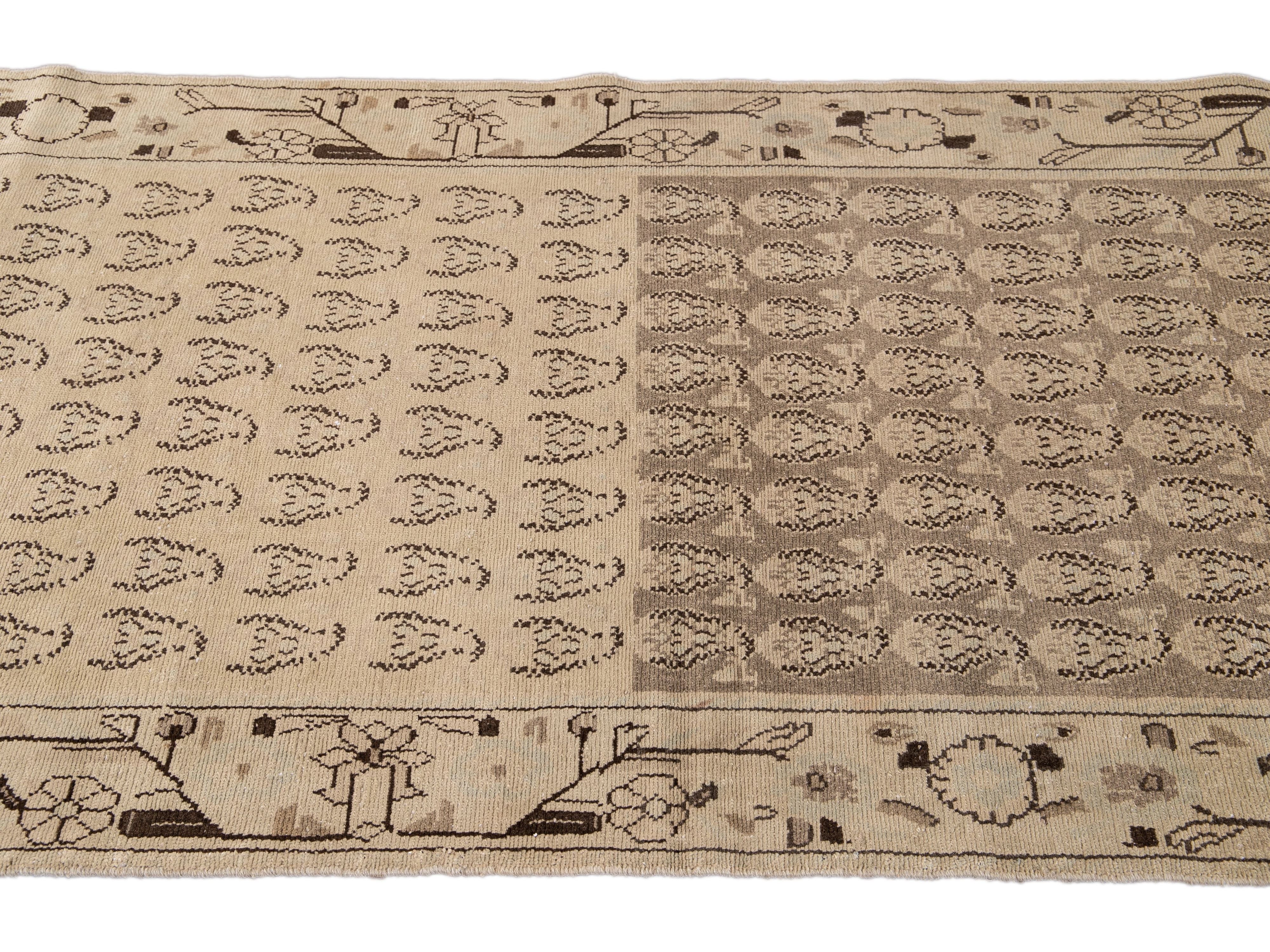Vintage Persian Handmade Beige Geometric Pattern Wool Runner