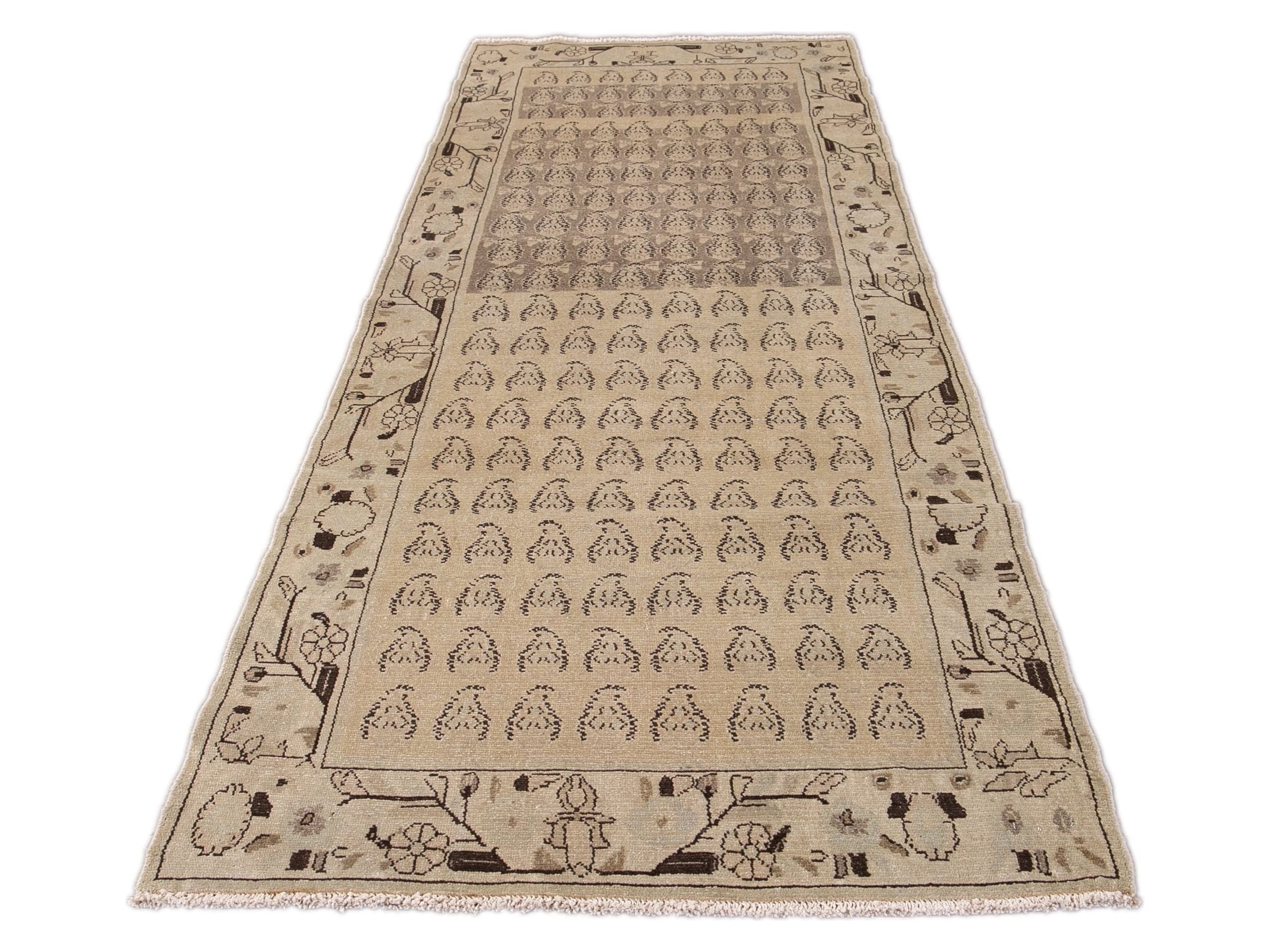 Vintage Persian Handmade Beige Geometric Pattern Wool Runner