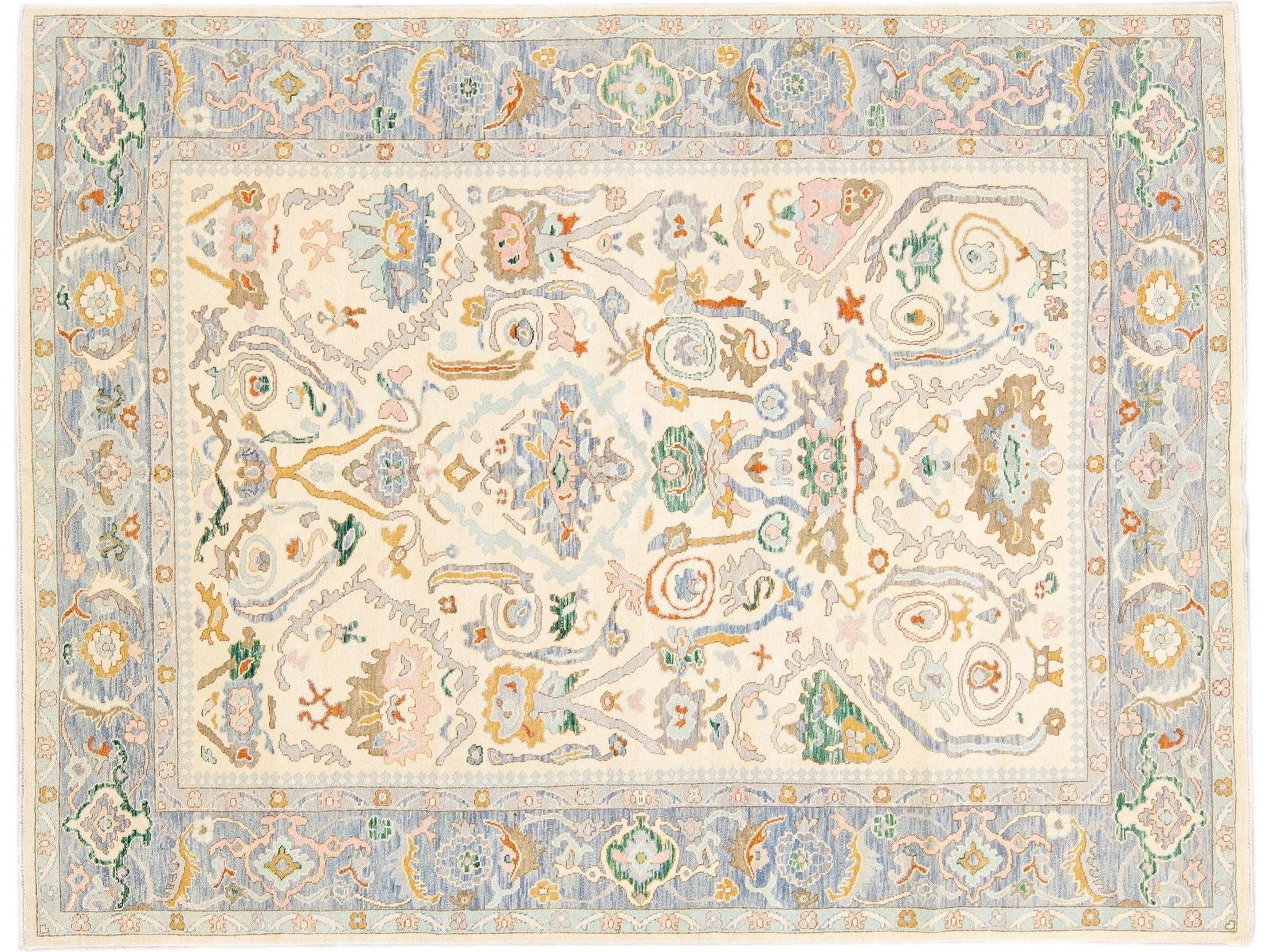 Beige Modern Oushak Handmade Floral Pattern Wool Rug