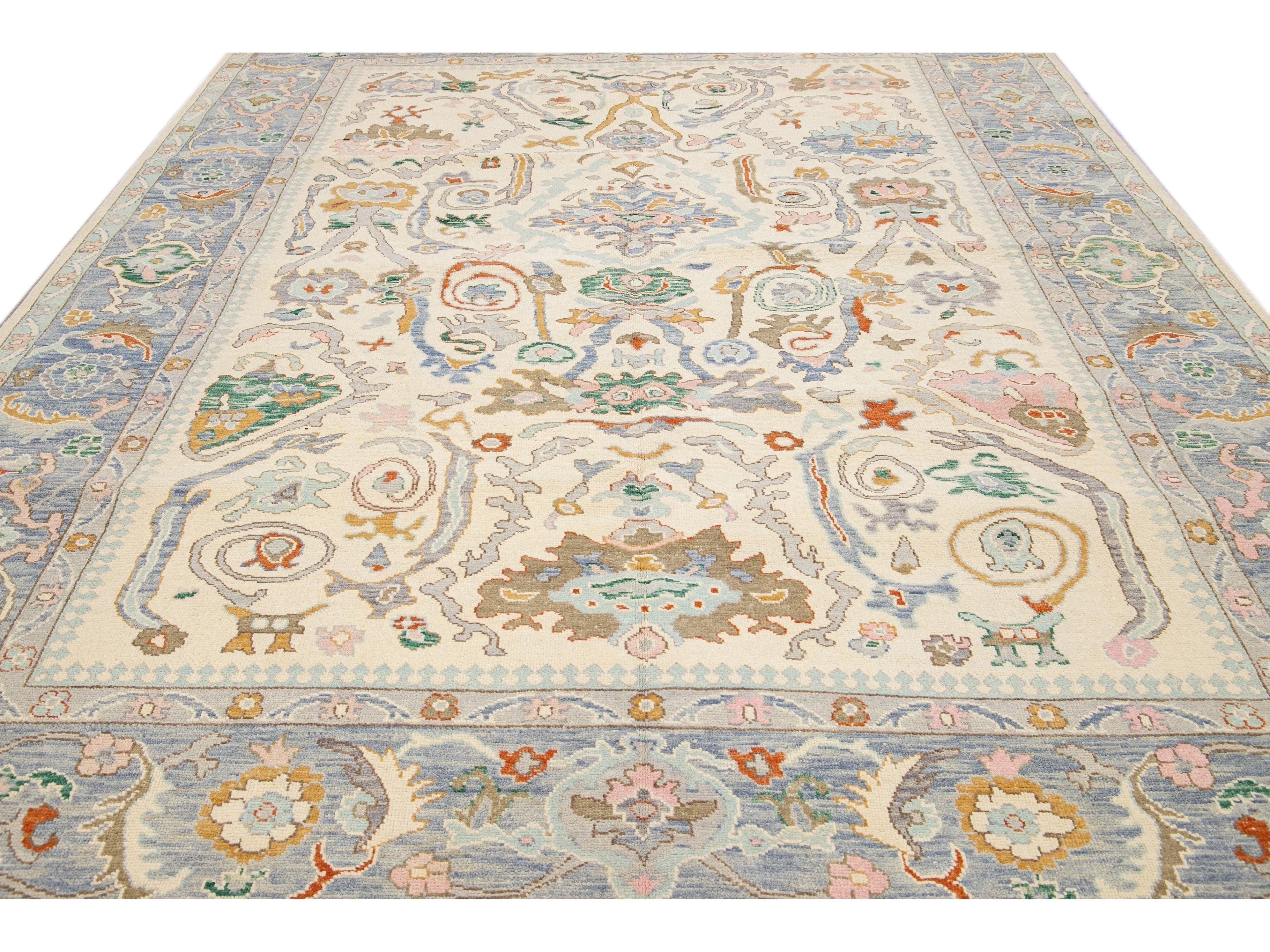 Beige Modern Oushak Handmade Floral Pattern Wool Rug