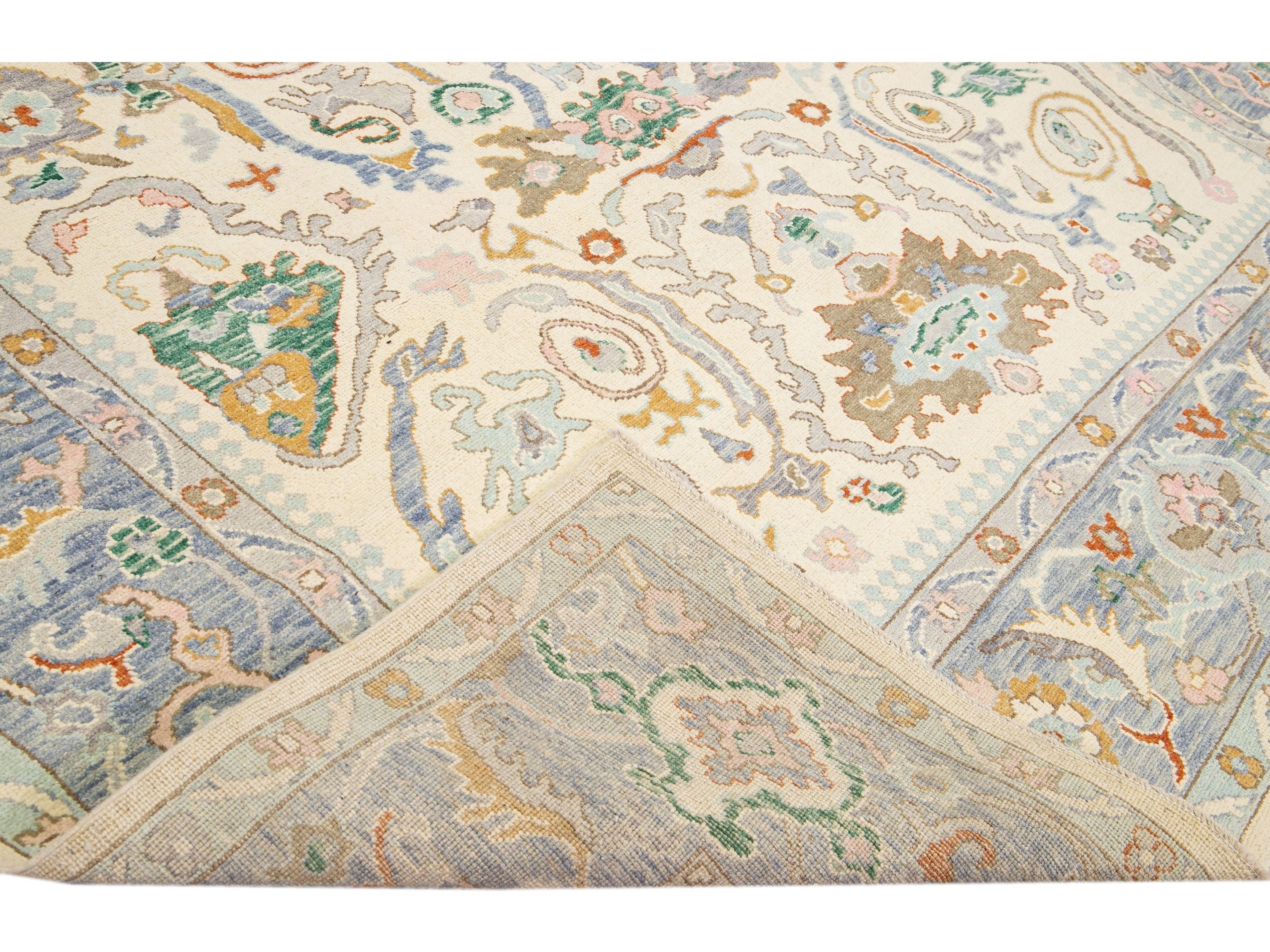 Beige Modern Oushak Handmade Floral Pattern Wool Rug