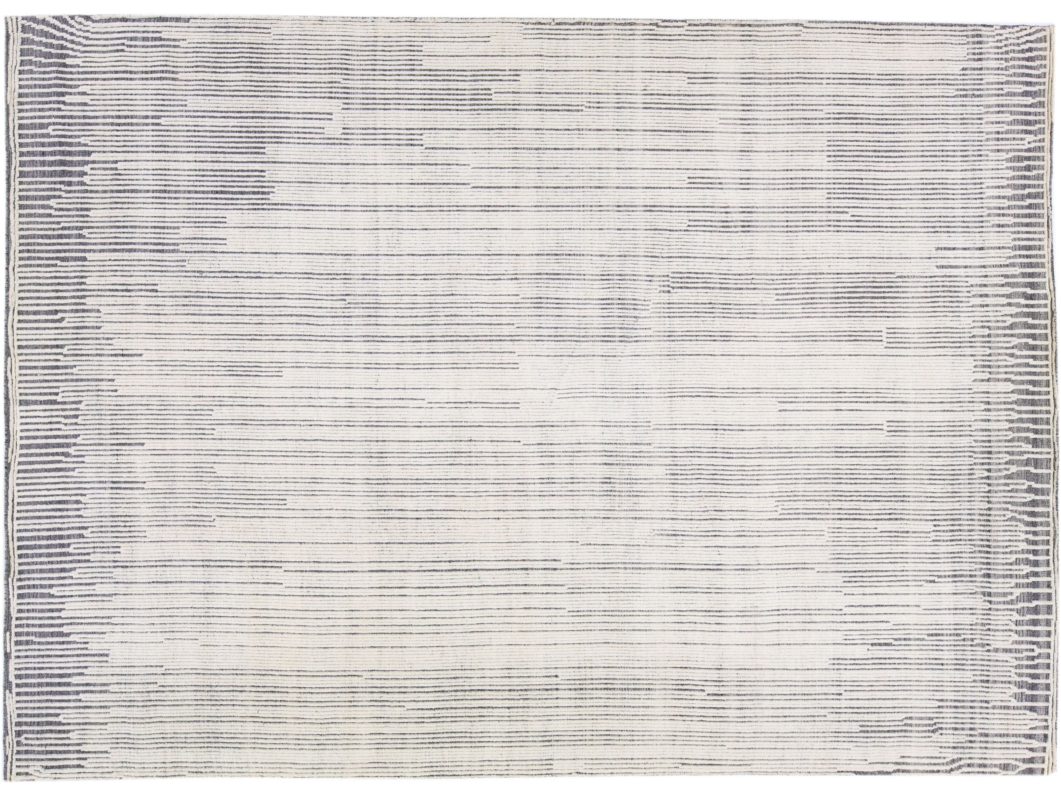 Ivory Modern Moroccan Style Handmade Abstract Wool Rug by Apadana