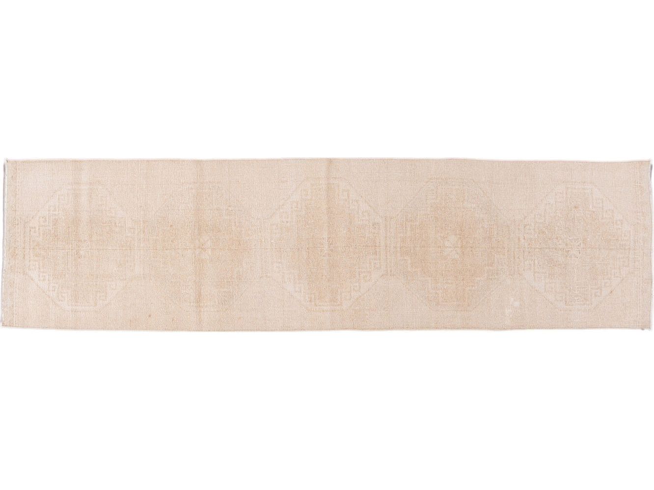 Vintage Turkish Beige Handmade Tribal Wool Runner