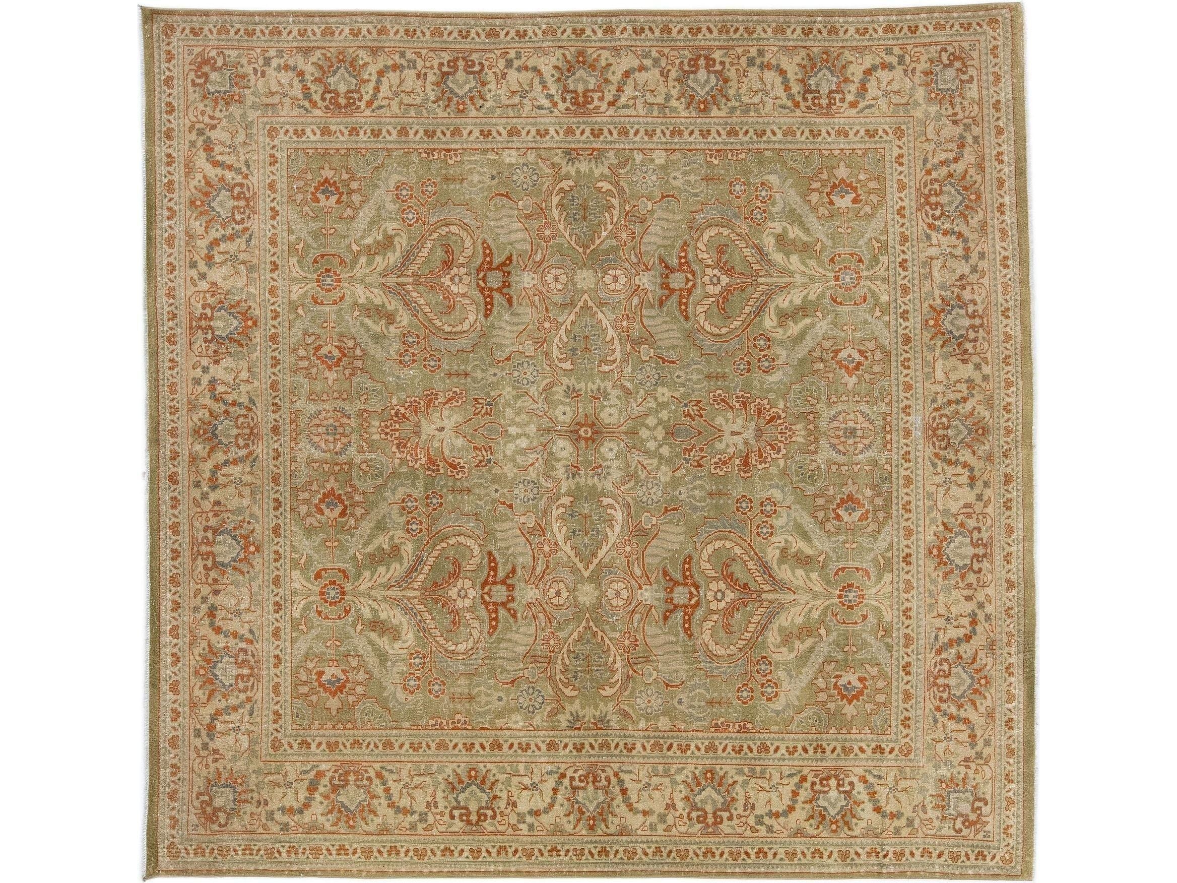 Green Antique Persian Mahal Handmade Square Wool Rug With Allover Floral Design