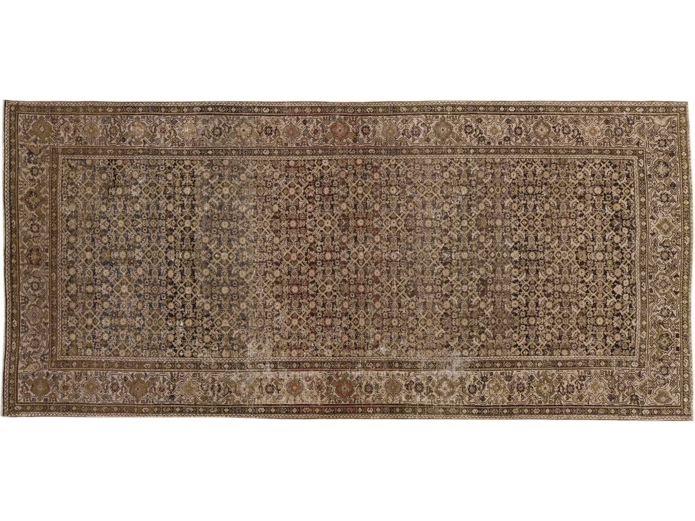 Antique Persian Malayer Brown Handmade Wool Rug With Allover Pattern