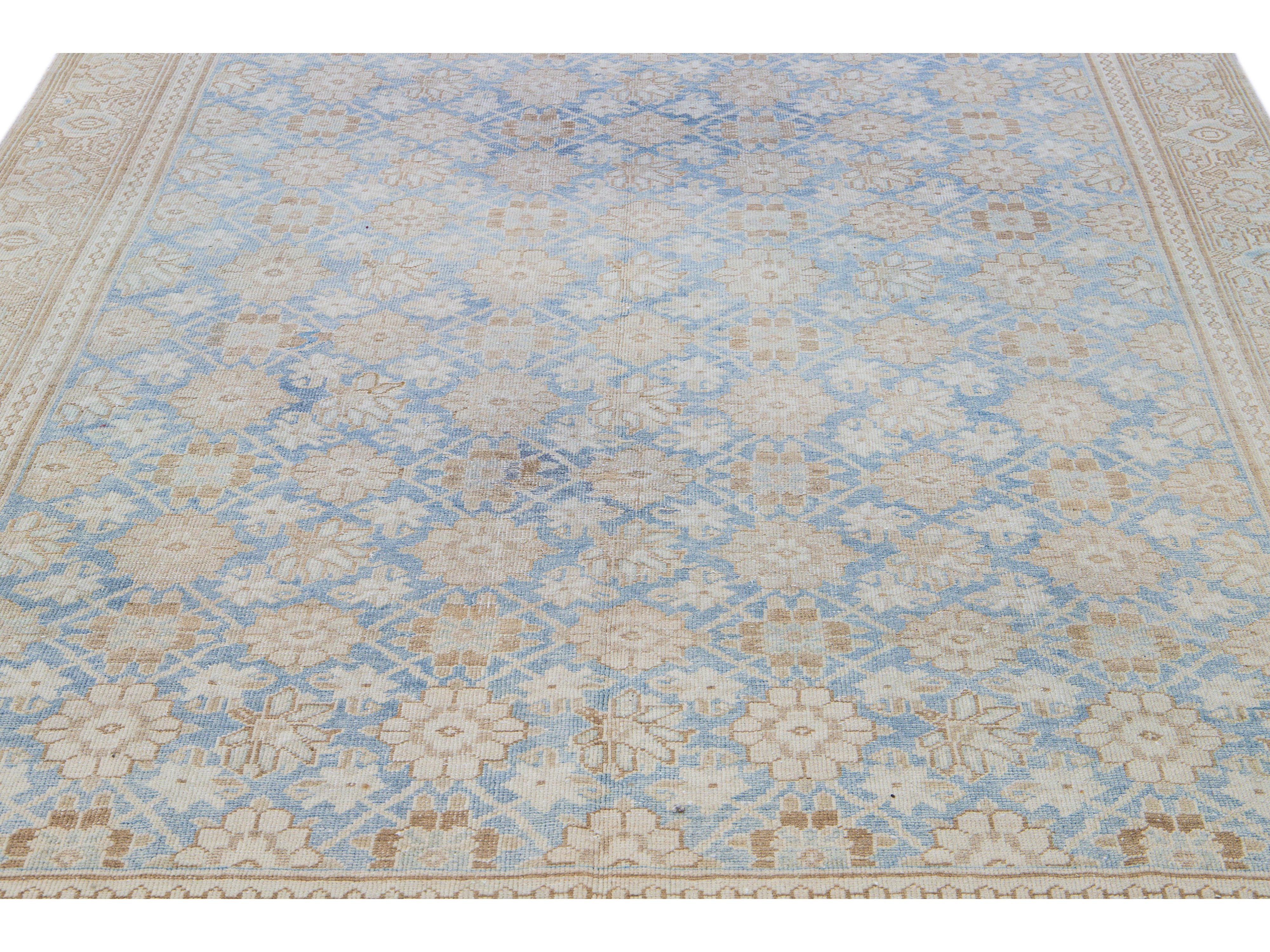Antique Tabriz Persian Blue Handmade Floral Pattern Wool Rug