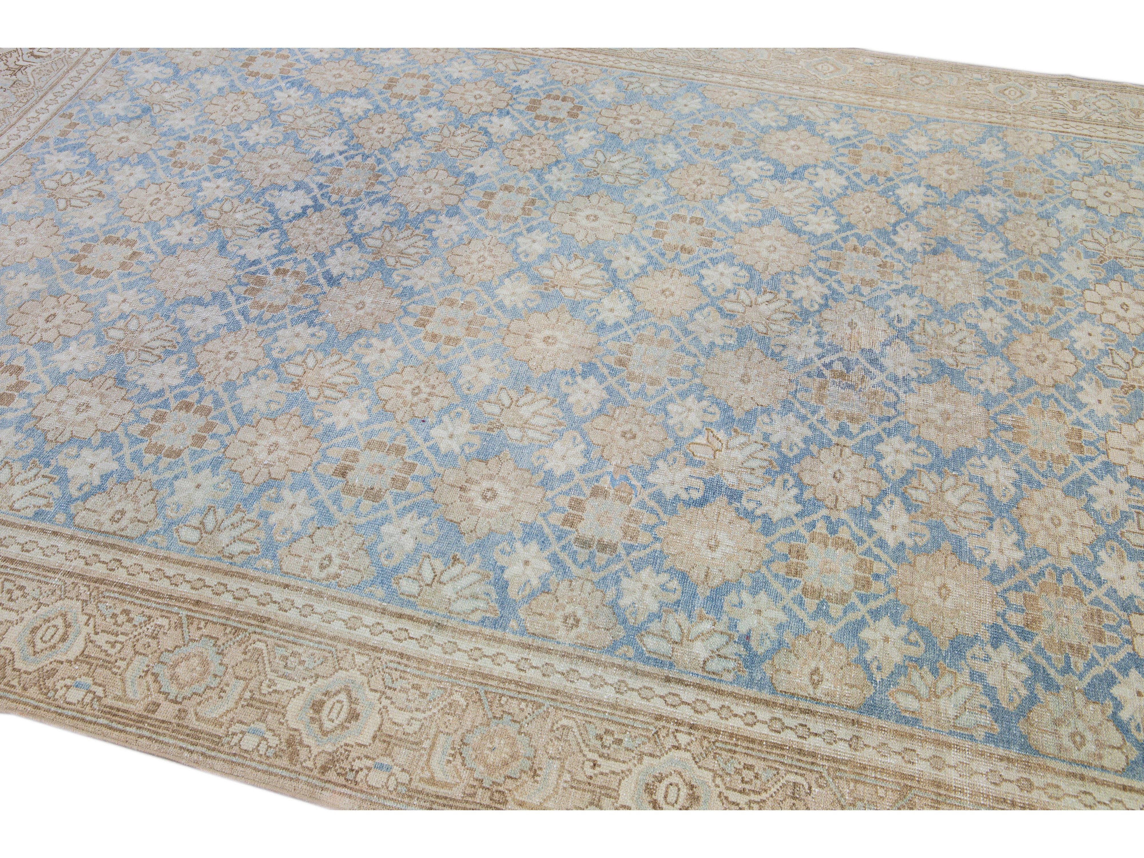 Antique Tabriz Persian Blue Handmade Floral Pattern Wool Rug