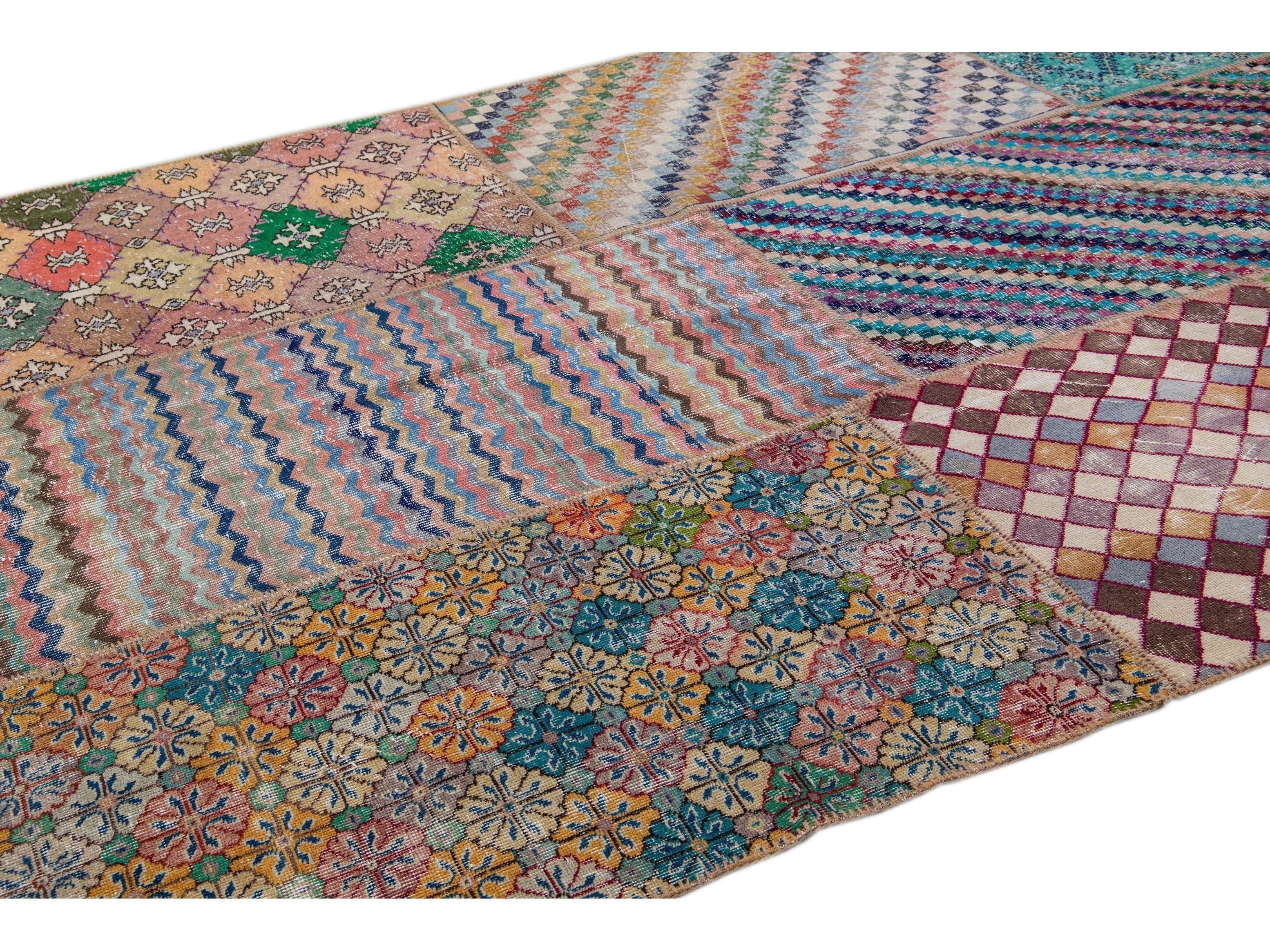 Vintage Turkish Handmade Patchwork Design Wool Rug