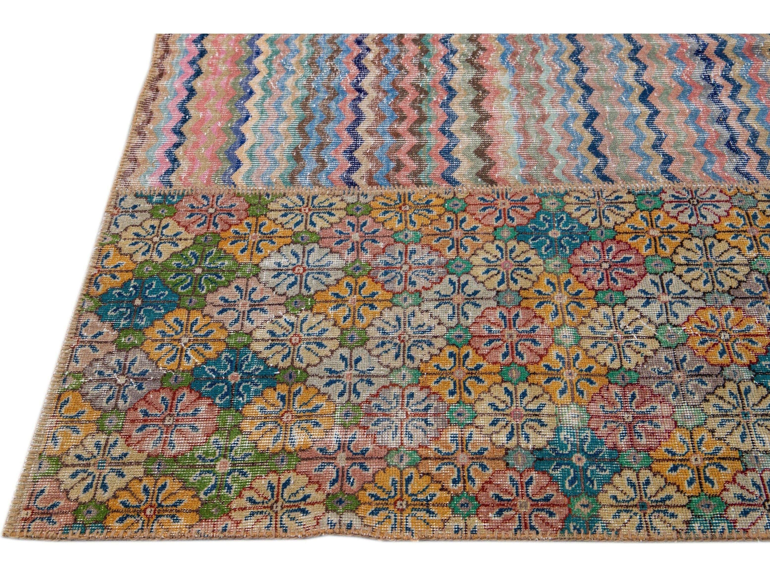 Vintage Turkish Handmade Patchwork Design Wool Rug