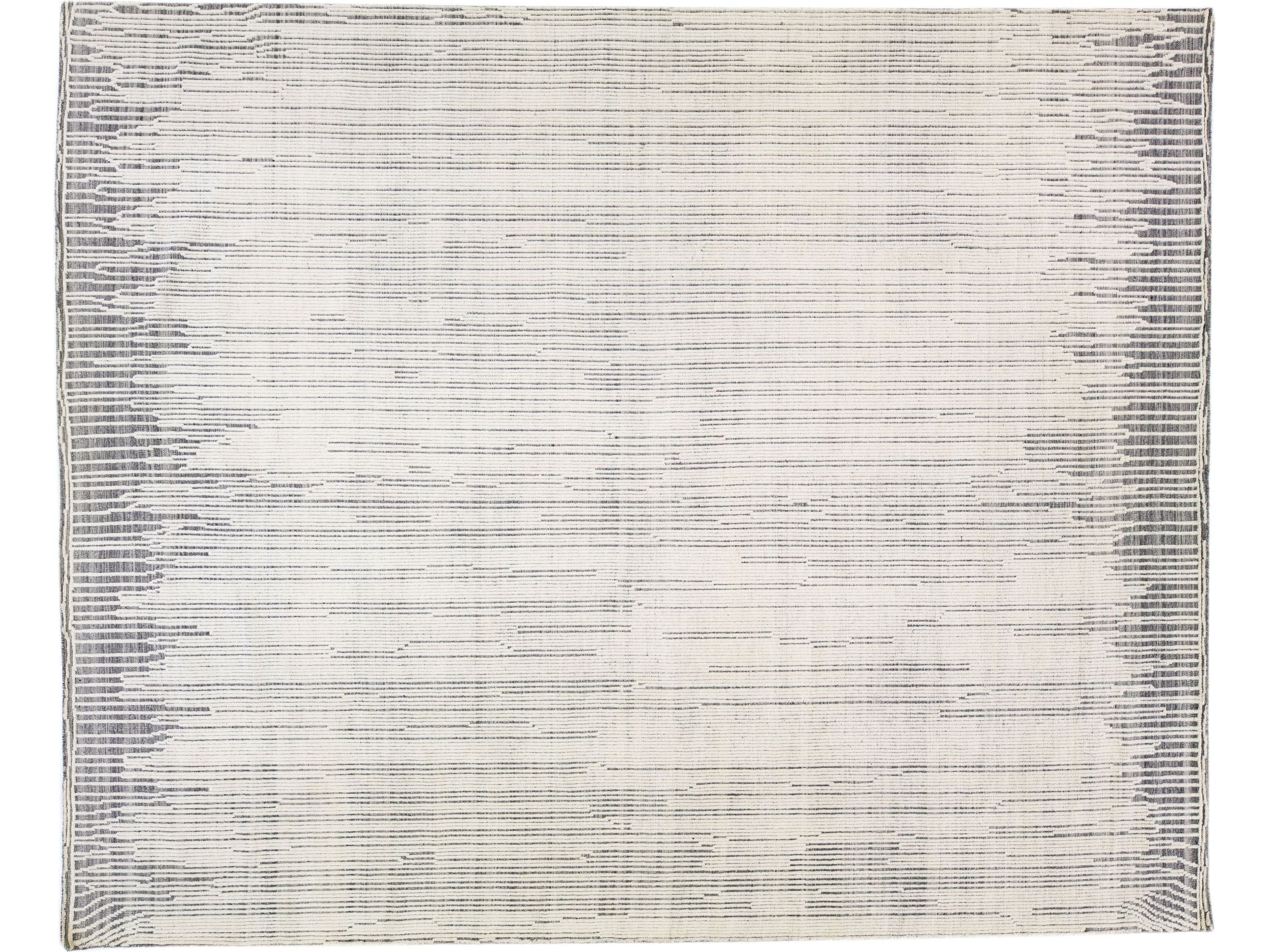Oversize Moroccan Style Handmade Abstract Ivory Wool Rug by Apadana