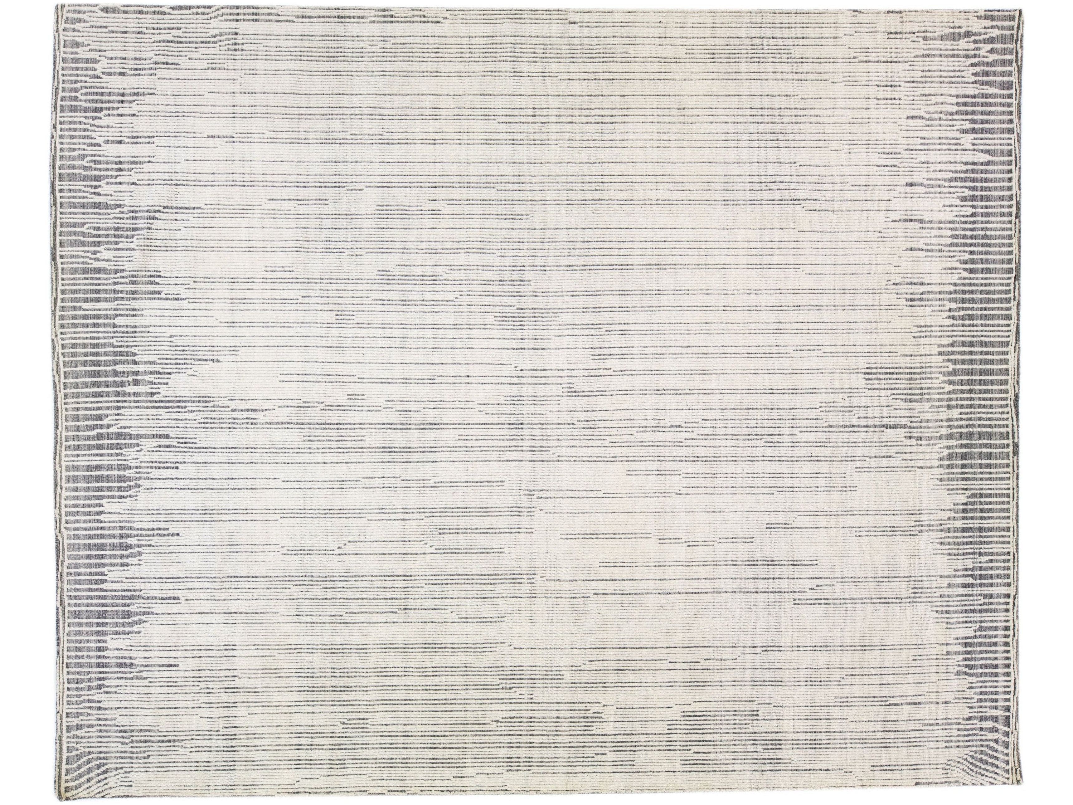 Oversize Moroccan Style Handmade Abstract Ivory Wool Rug by Apadana