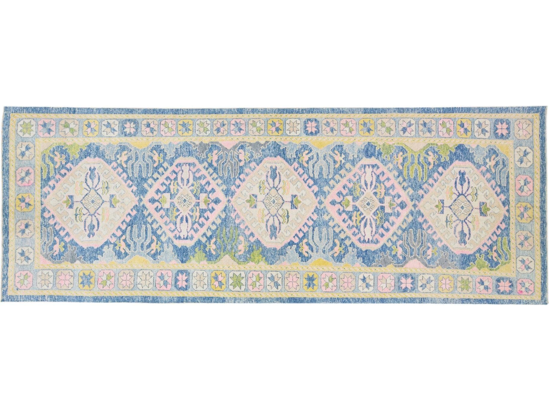 Modern Turkish Oushak Multicolor Handmade Wool Runner with Tribal Design