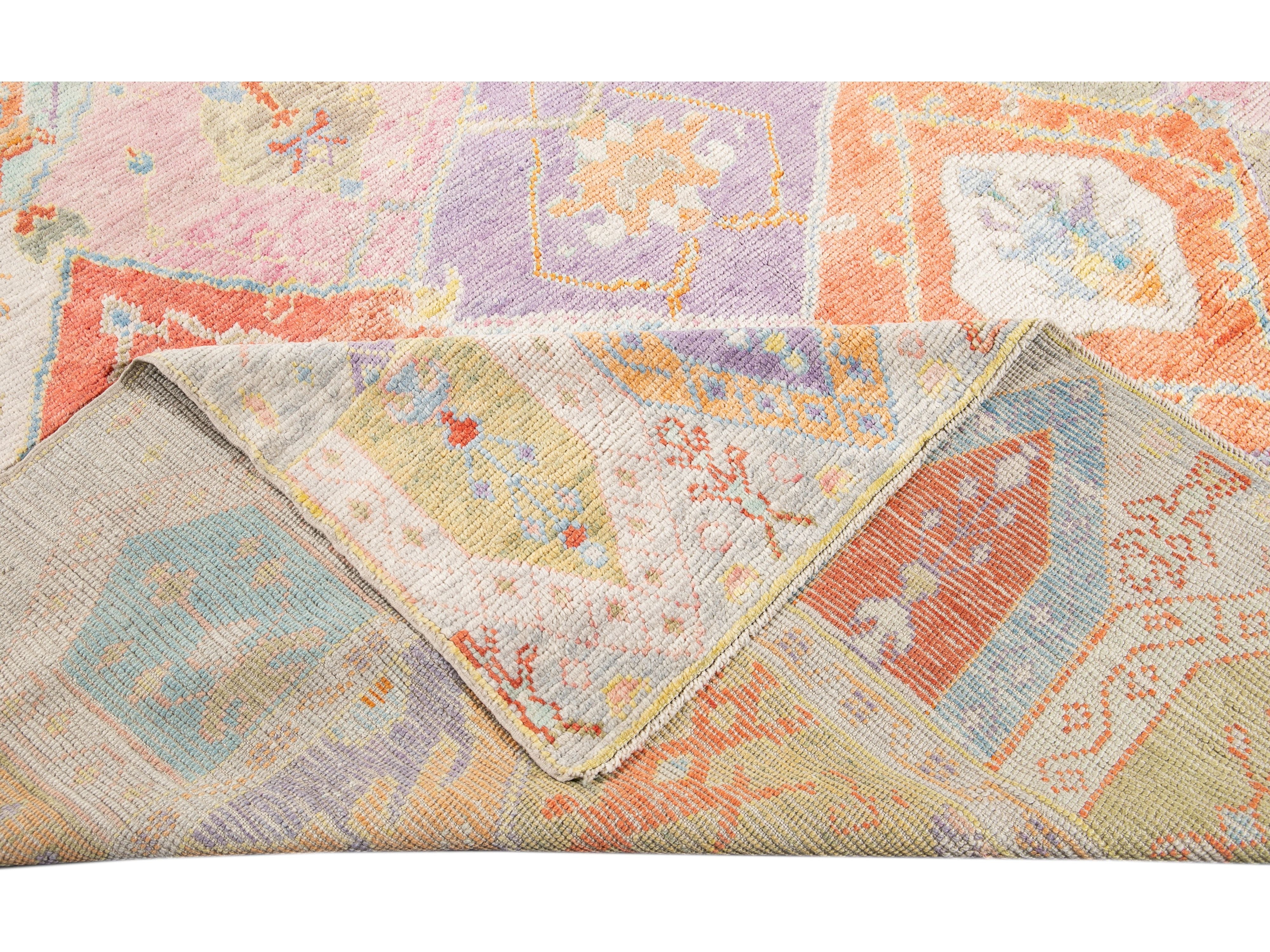 Modern Oushak Handmade Multicolor Geometric Designed Wool Rug