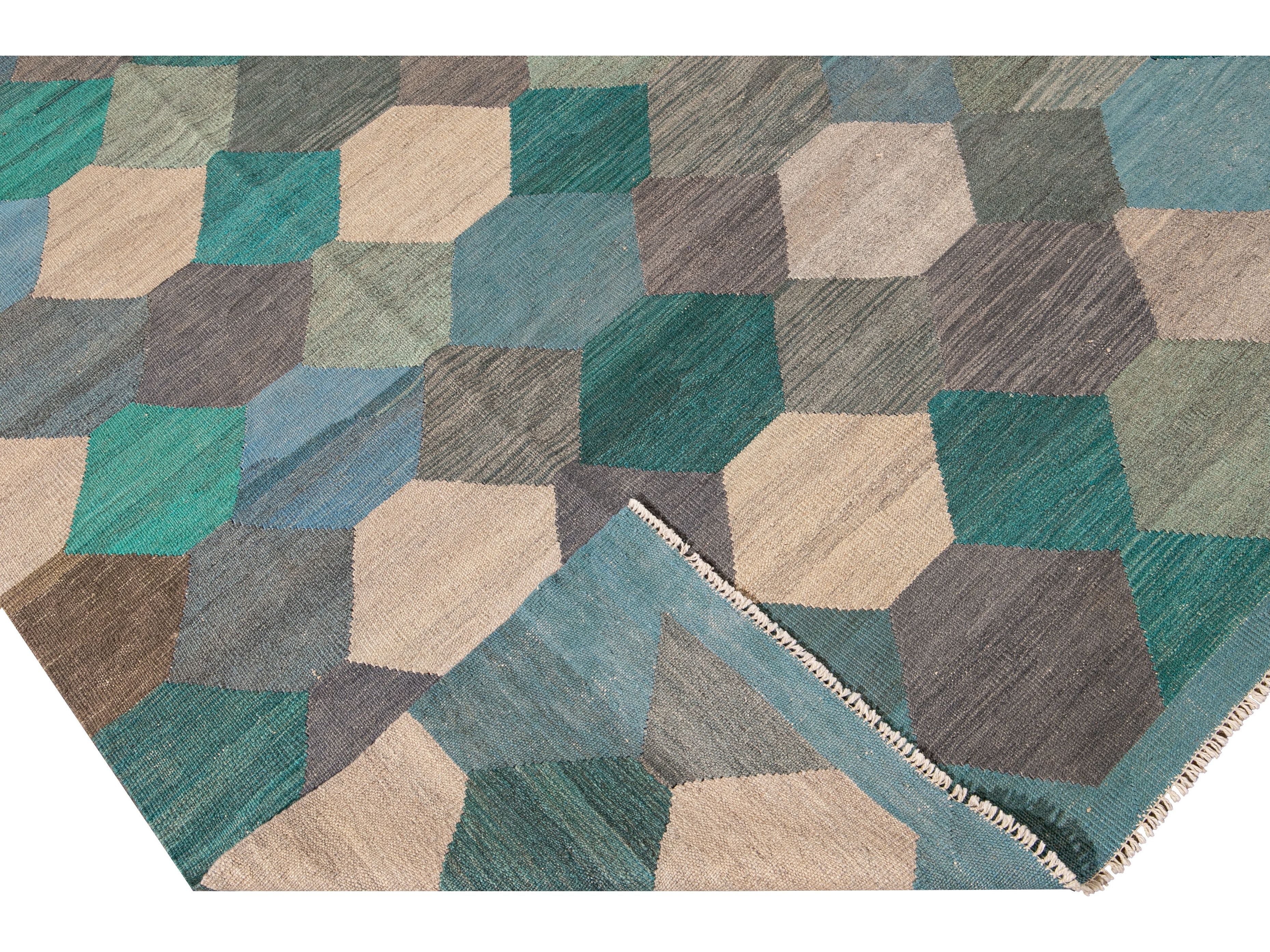 Contemporary Multicolor Kilim Flatweave Geometric Wool Rug