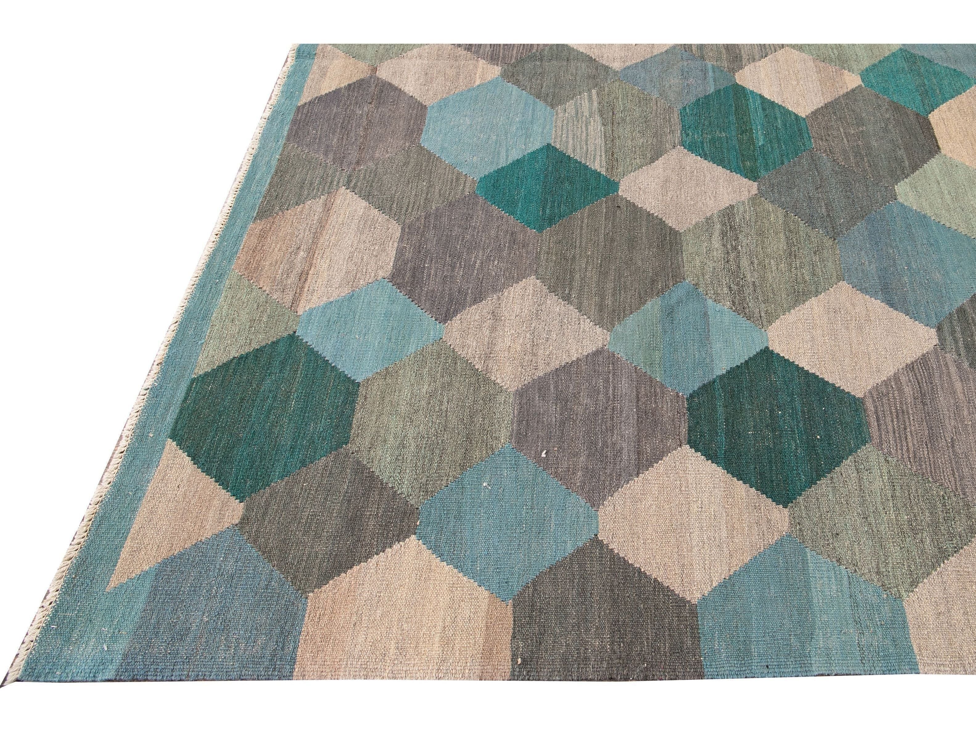 Contemporary Multicolor Kilim Flatweave Geometric Wool Rug